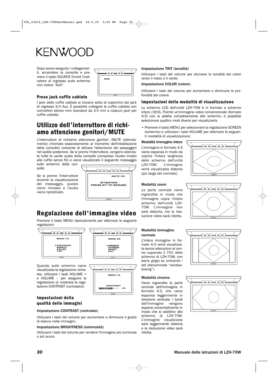 Regolazione dell'immagine video | Kenwood LZH-70W User Manual | Page 30 / 44