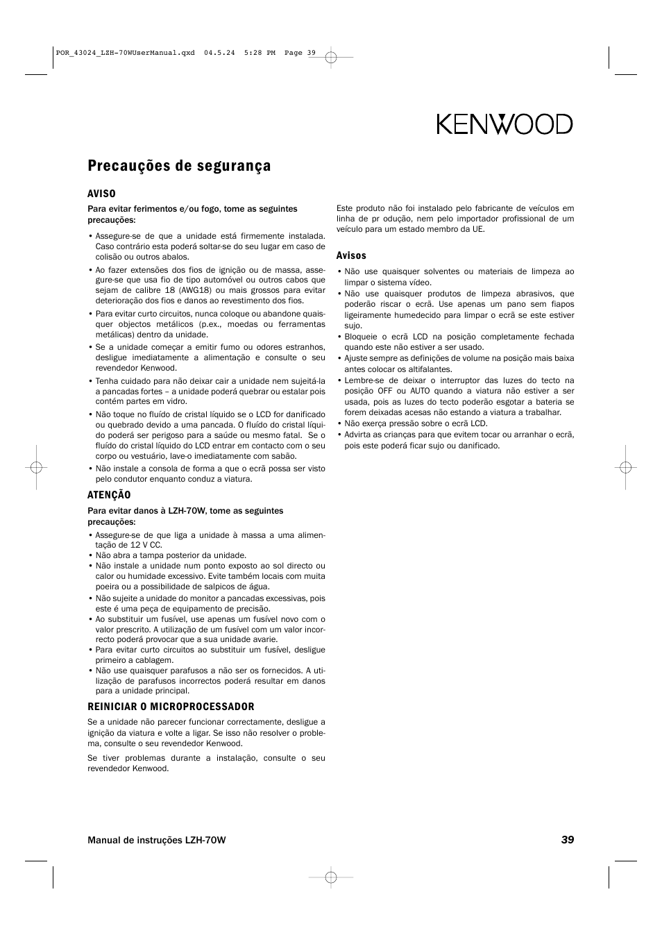 Precauções de segurança | Kenwood LZH-70W User Manual | Page 39 / 44