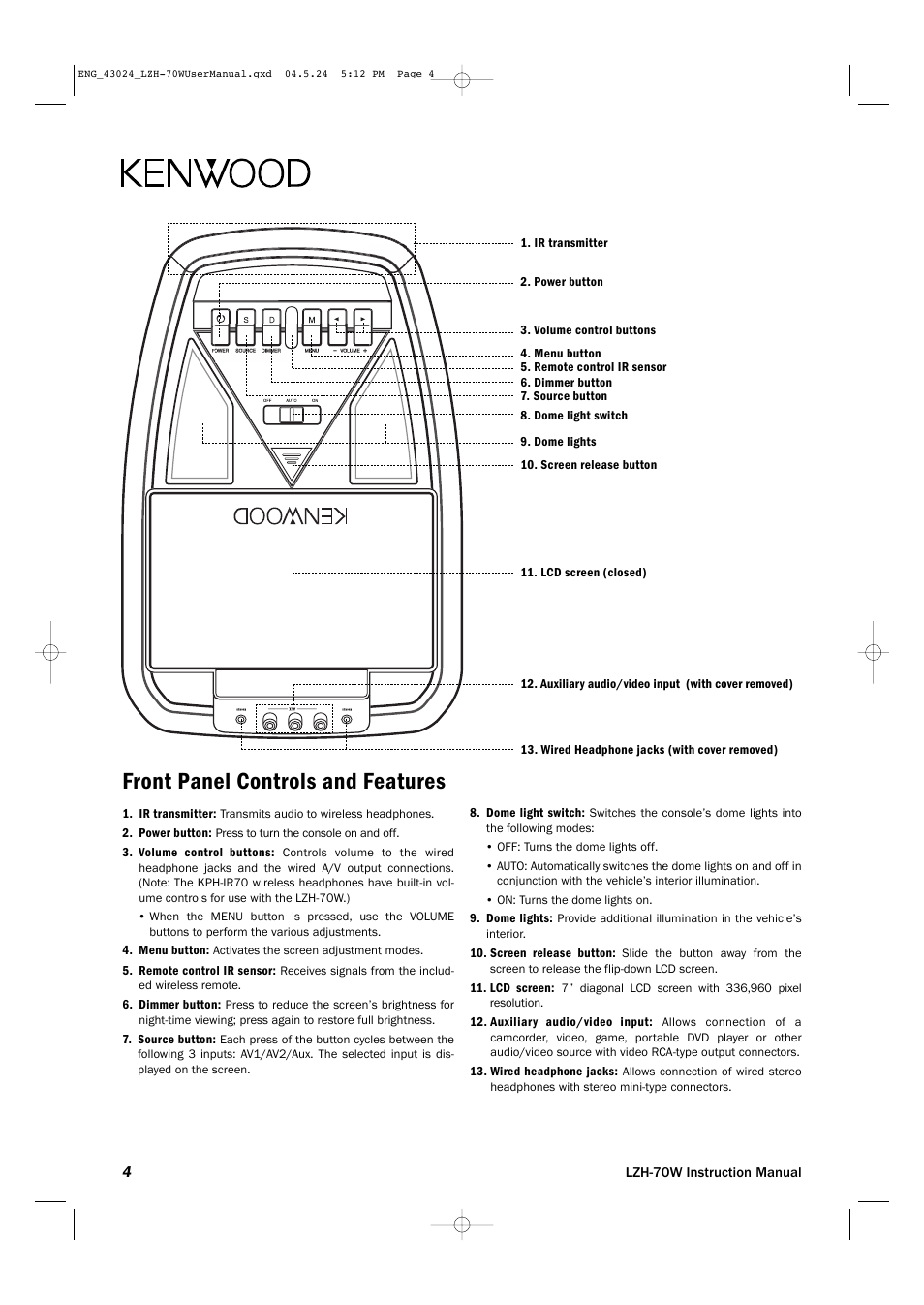 Front panel controls and features | Kenwood LZH-70W User Manual | Page 4 / 44