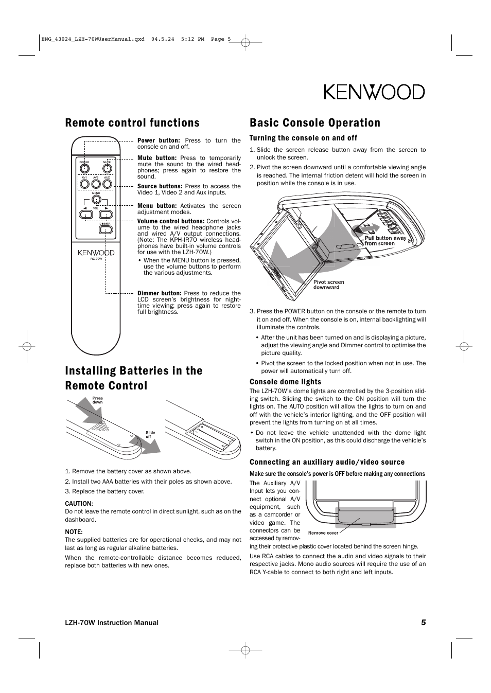 Basic console operation | Kenwood LZH-70W User Manual | Page 5 / 44