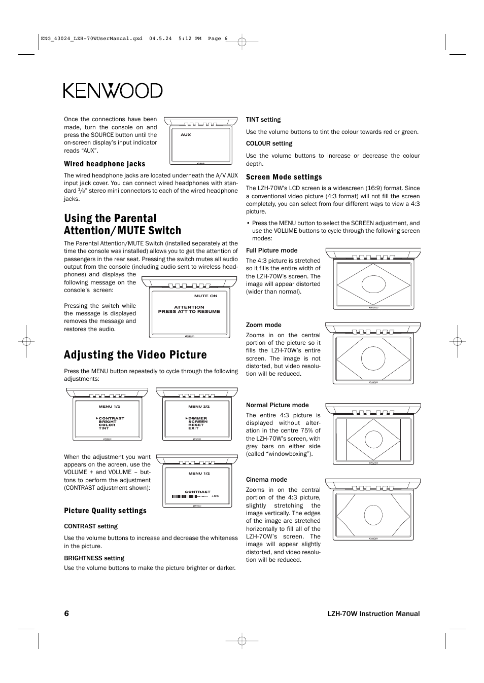 Using the parental attention/mute switch, Adjusting the video picture | Kenwood LZH-70W User Manual | Page 6 / 44