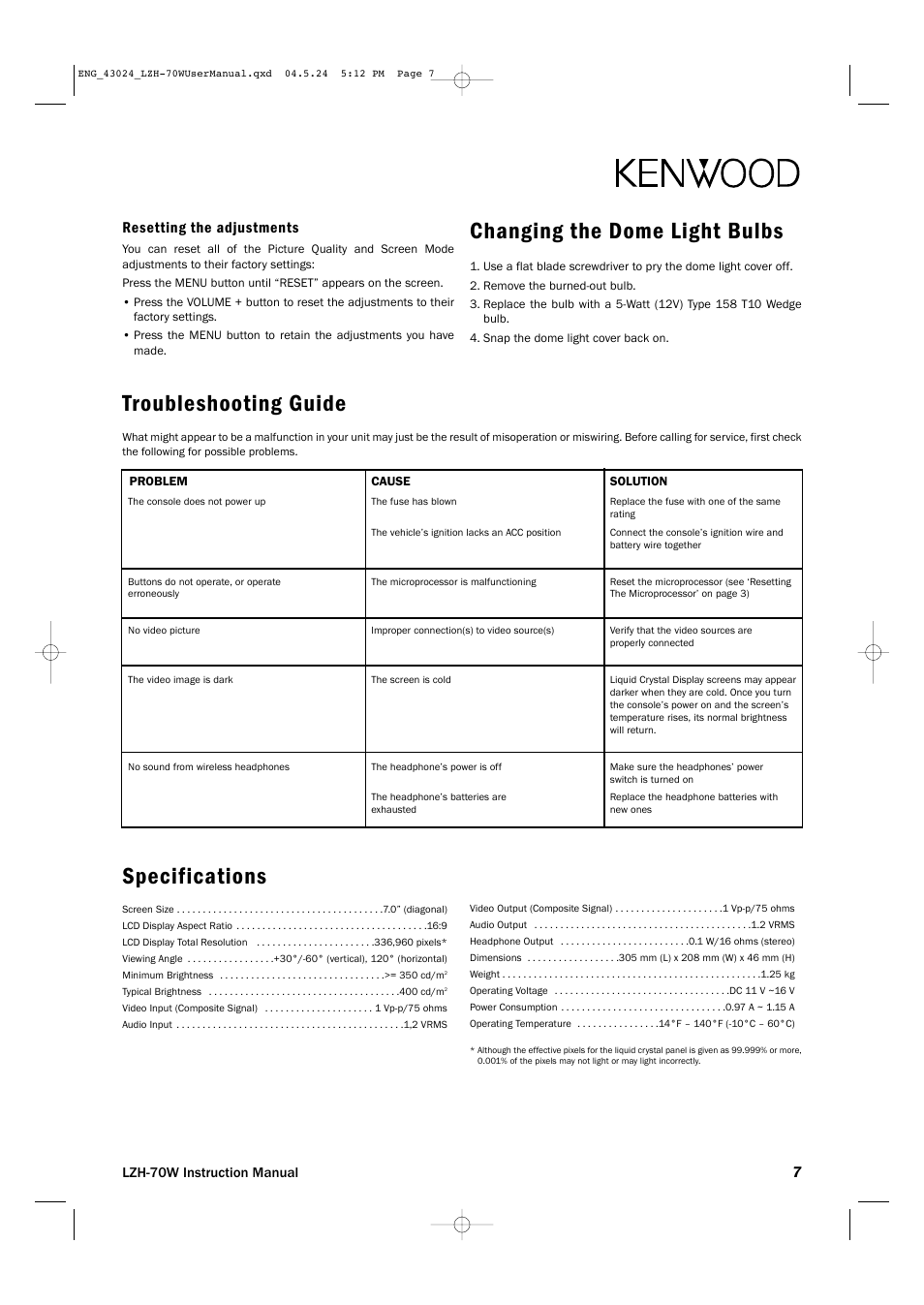Changing the dome light bulbs, Specifications, Troubleshooting guide | Resetting the adjustments | Kenwood LZH-70W User Manual | Page 7 / 44