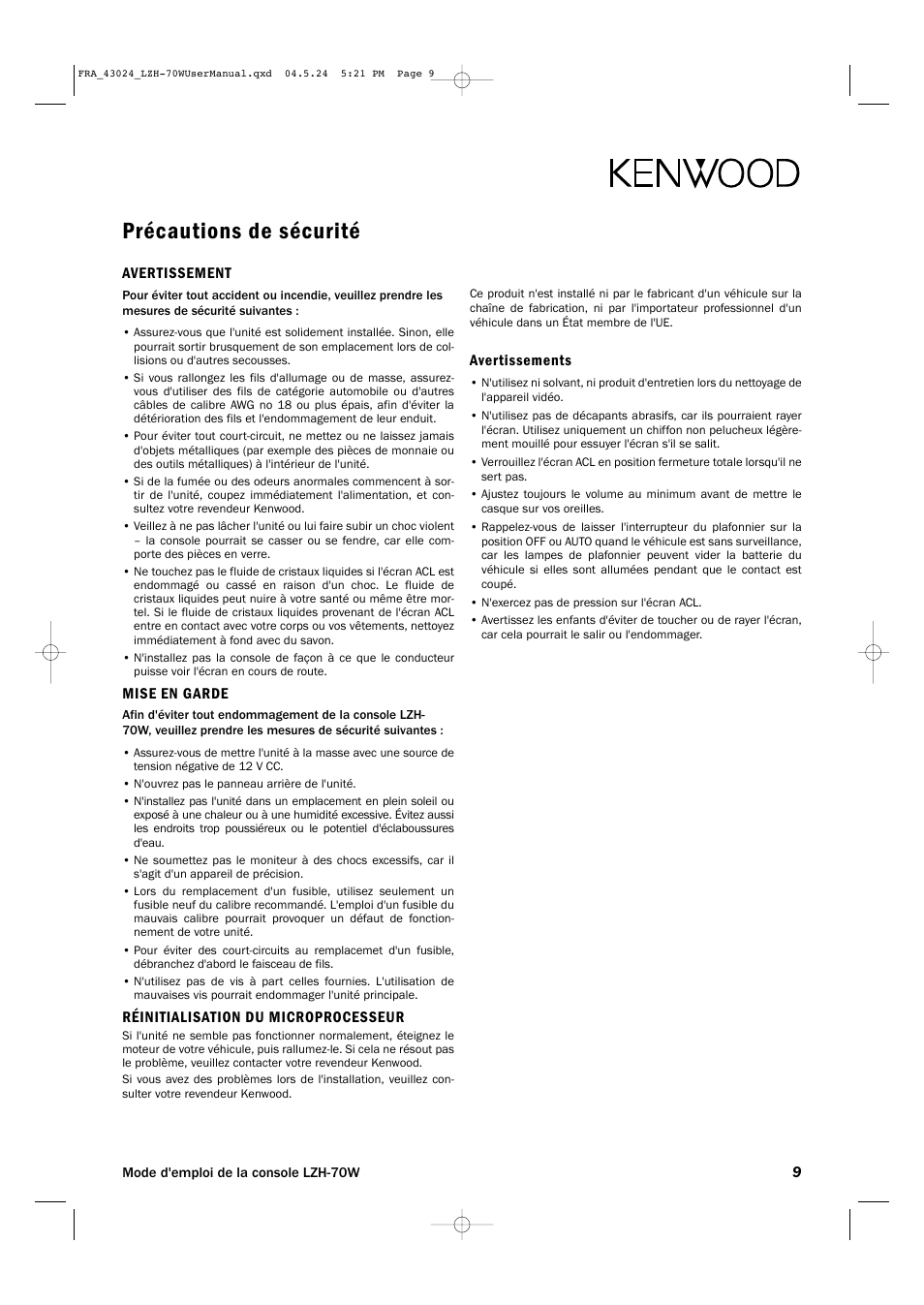 Précautions de sécurité, Avertissement, Mise en garde | Réinitialisation du microprocesseur, Avertissements | Kenwood LZH-70W User Manual | Page 9 / 44