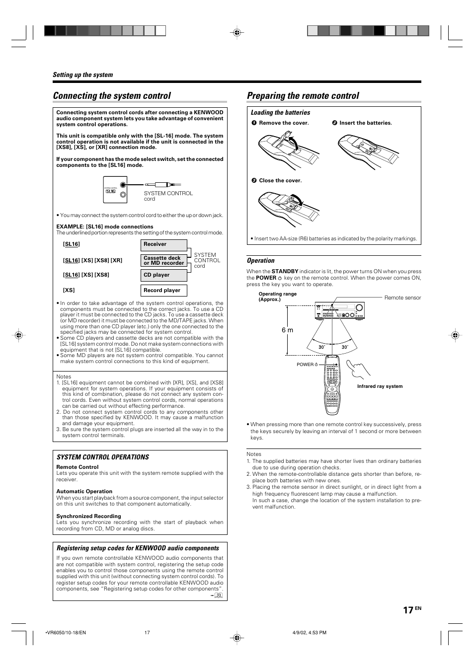 Connecting the system control, Preparing the remote control | Kenwood VR-6050 User Manual | Page 17 / 44