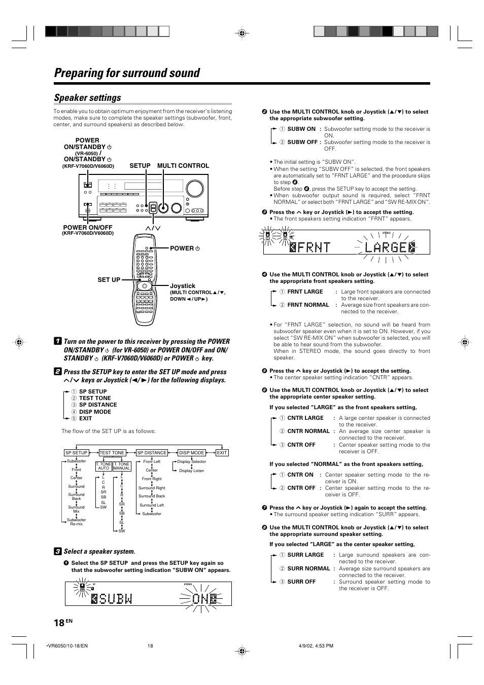 Preparing for surround sound, Speaker settings, Keys or joystick | For the following displays, Select a speaker system, Power on/standby, On/standby, Setup multi control power on/off, Power set up joystick | Kenwood VR-6050 User Manual | Page 18 / 44