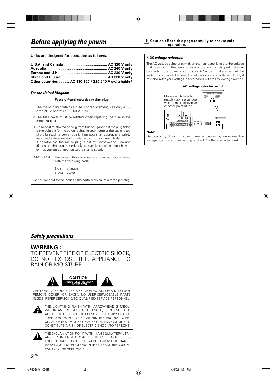 Preparations, Before applying the power, Safety precautions warning | Kenwood VR-6050 User Manual | Page 2 / 44