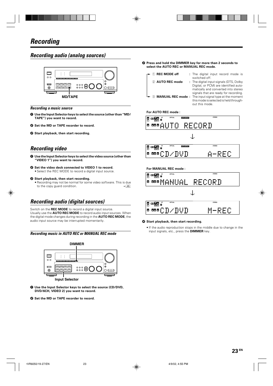 Recording, Recording audio (analog sources), Recording video | Recording audio (digital sources), Recording a music source, Recording music in auto rec or manual rec mode, Md/tape, Input selector dimmer, For manual rec mode | Kenwood VR-6050 User Manual | Page 23 / 44