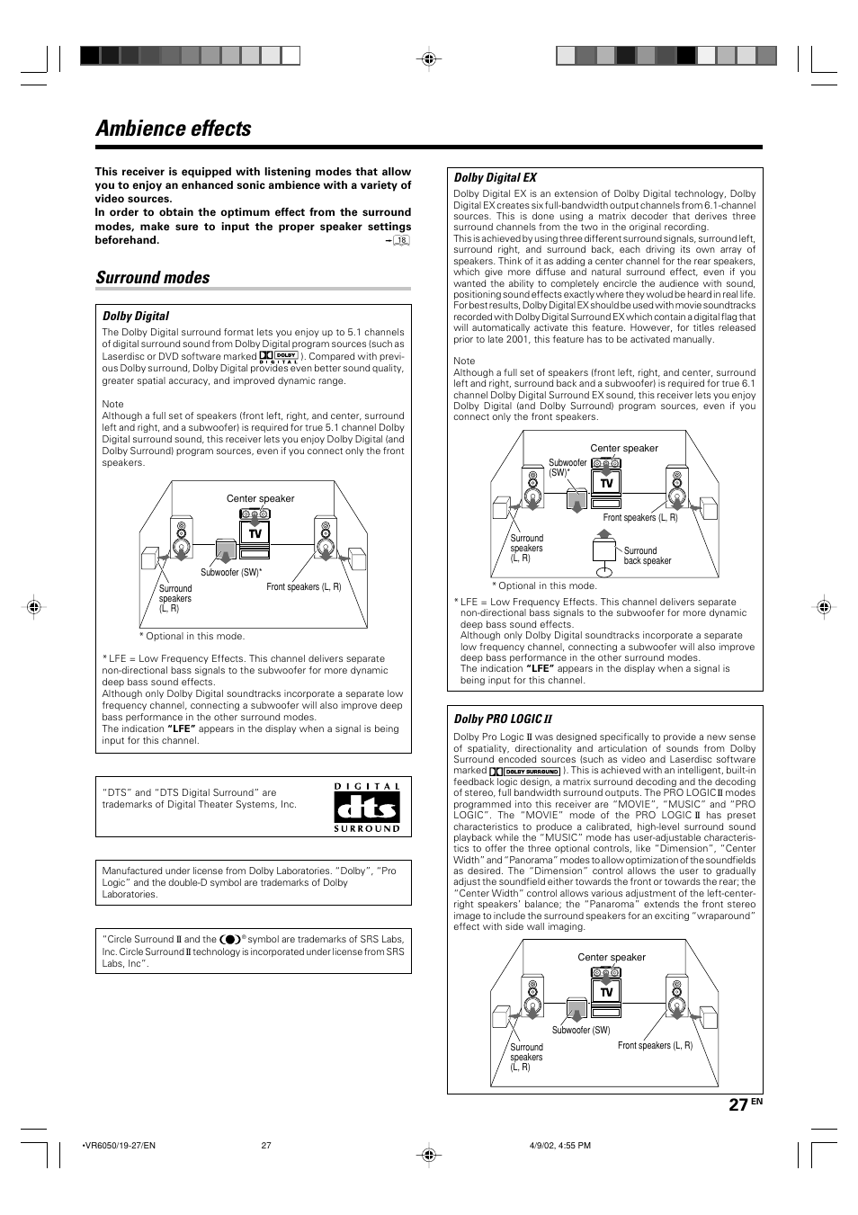 Ambience effects, Surround modes | Kenwood VR-6050 User Manual | Page 27 / 44