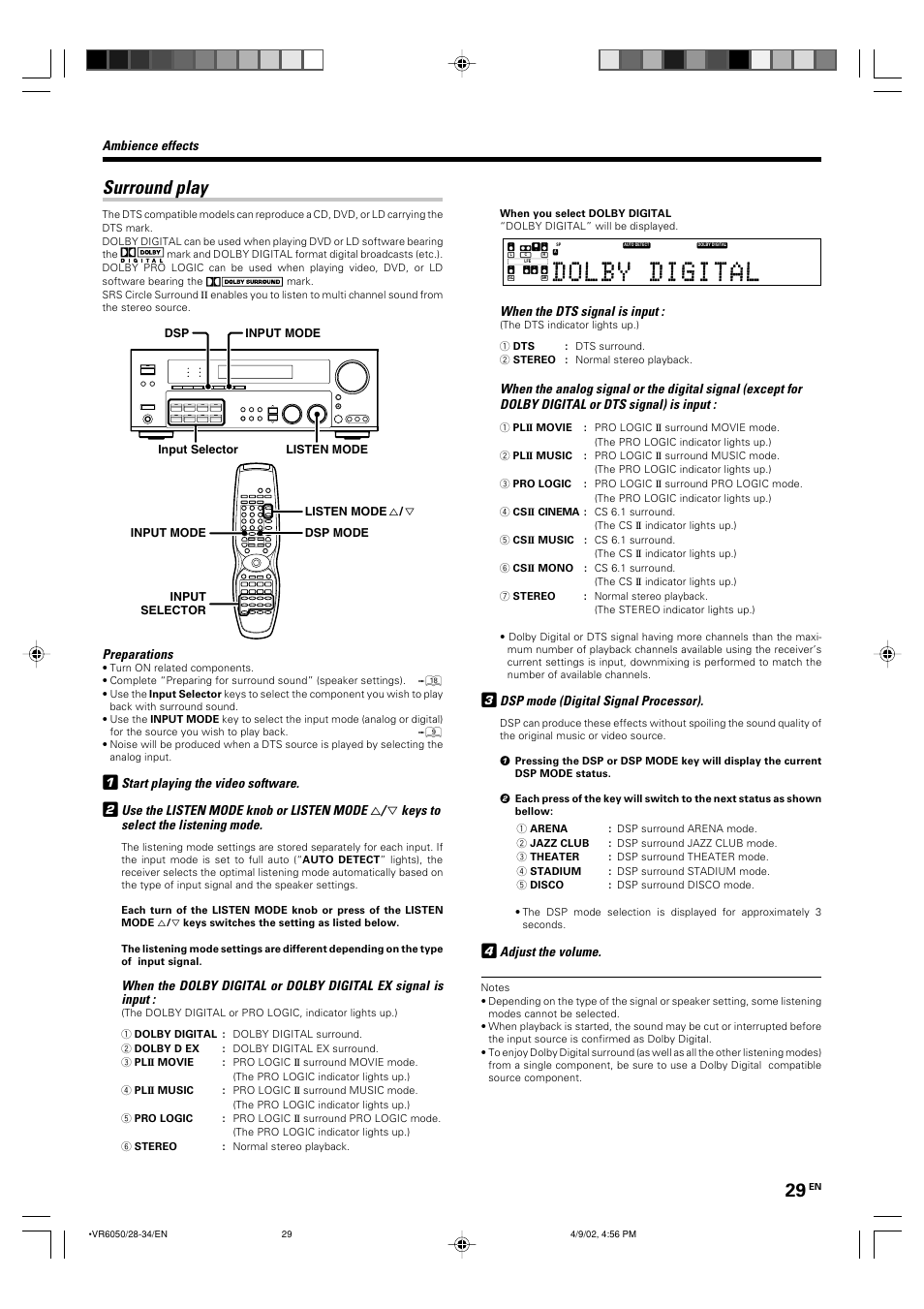 Surround play, Preparations, Start playing the video software | Use the listen mode knob or listen mode, Keys to select the listening mode, Ambience effects, When the dts signal is input, Dsp mode (digital signal processor), Adjust the volume | Kenwood VR-6050 User Manual | Page 29 / 44