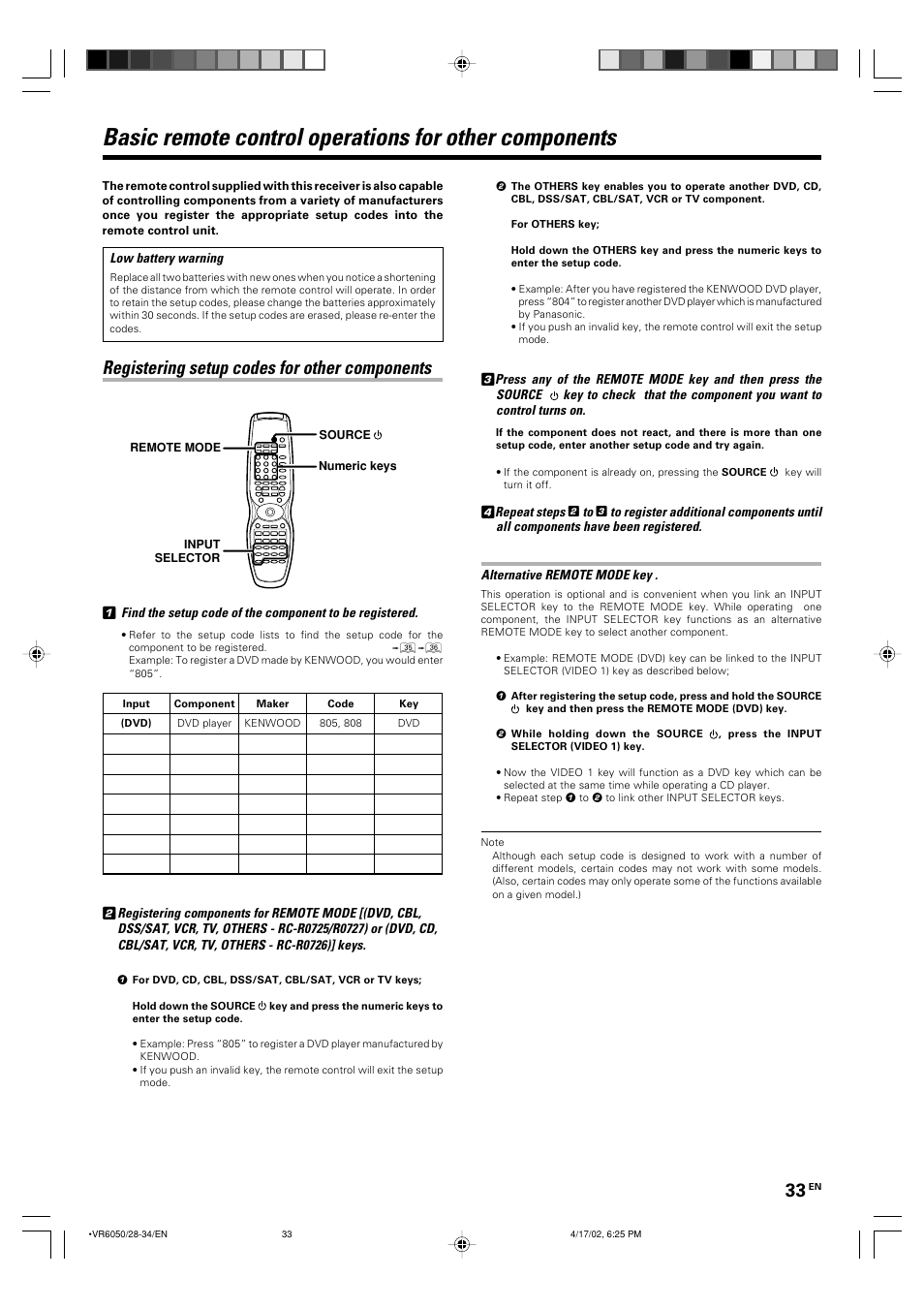 Remote control, Registering setup codes for other components | Kenwood VR-6050 User Manual | Page 33 / 44