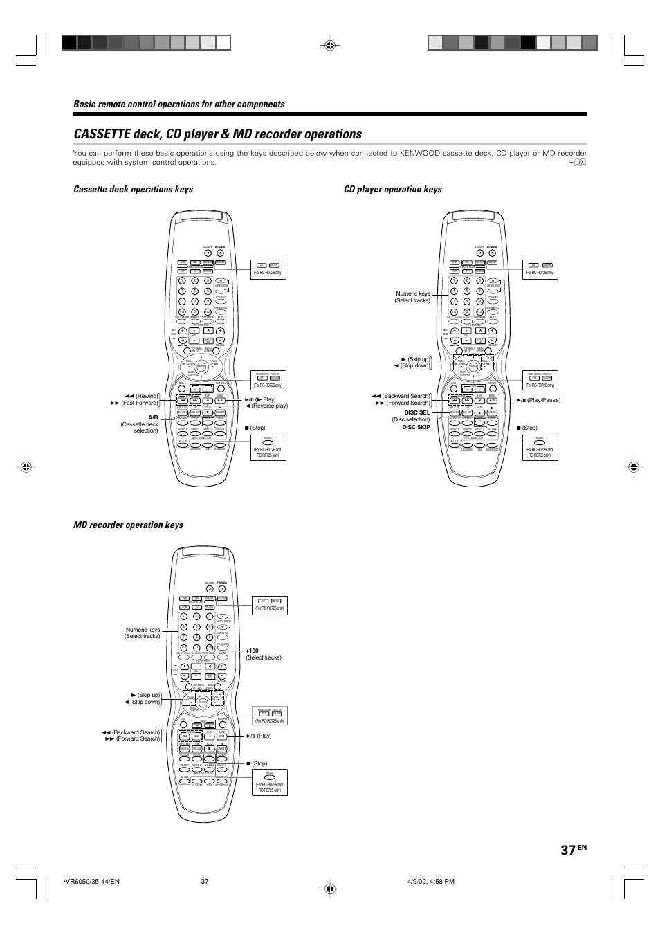 Cassette deck, cd player & md recorder operations, Md recorder operation keys | Kenwood VR-6050 User Manual | Page 37 / 44