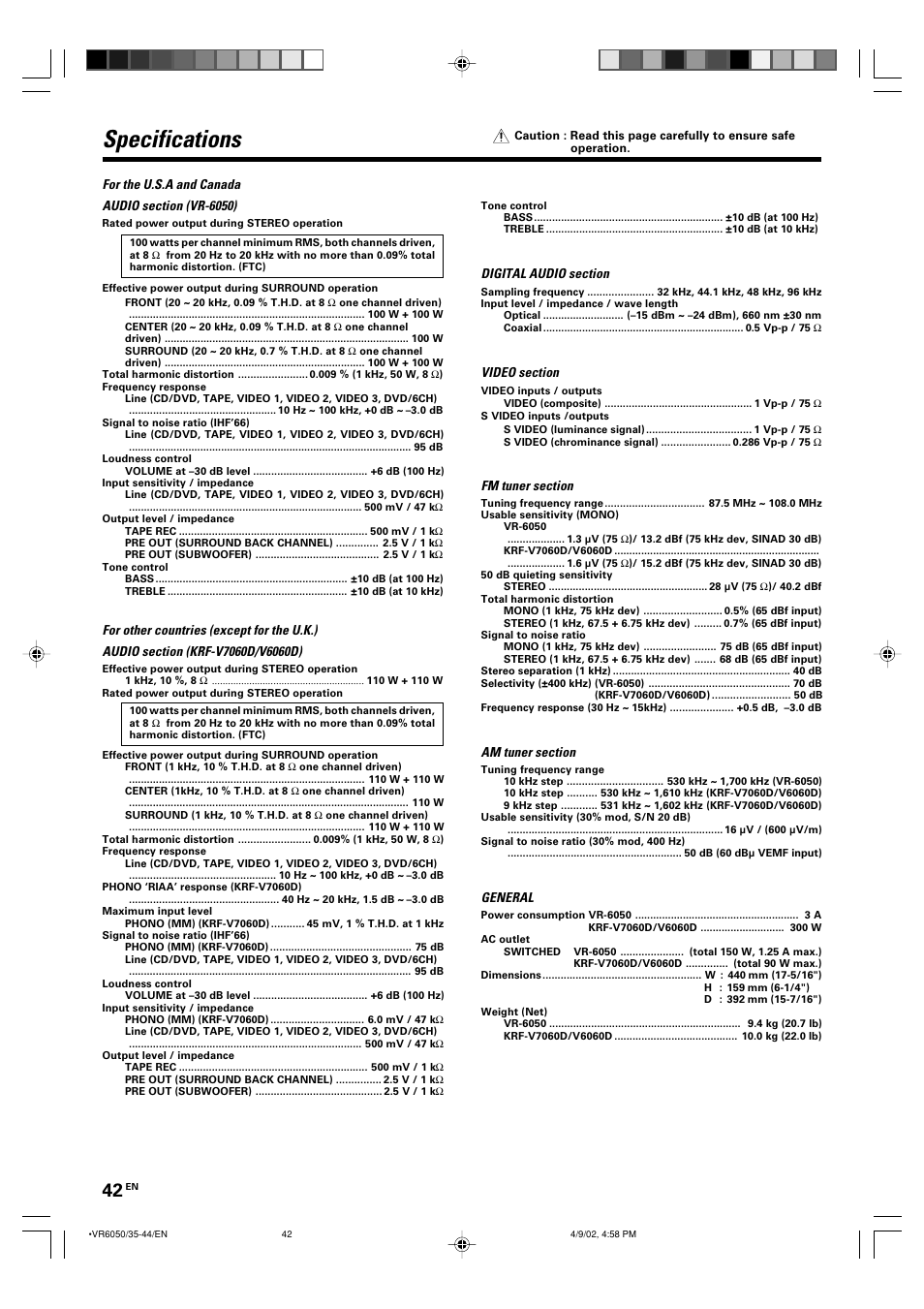 Specifications | Kenwood VR-6050 User Manual | Page 42 / 44
