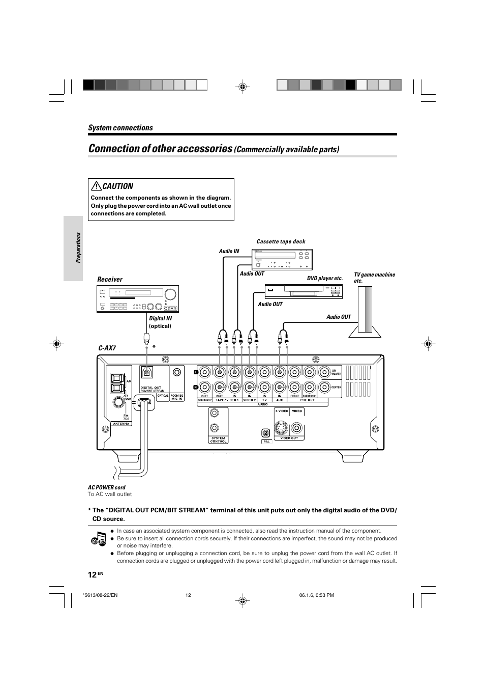 Connection of other accessories, Commercially available parts), Caution | System connections | Kenwood AX-7 User Manual | Page 12 / 88