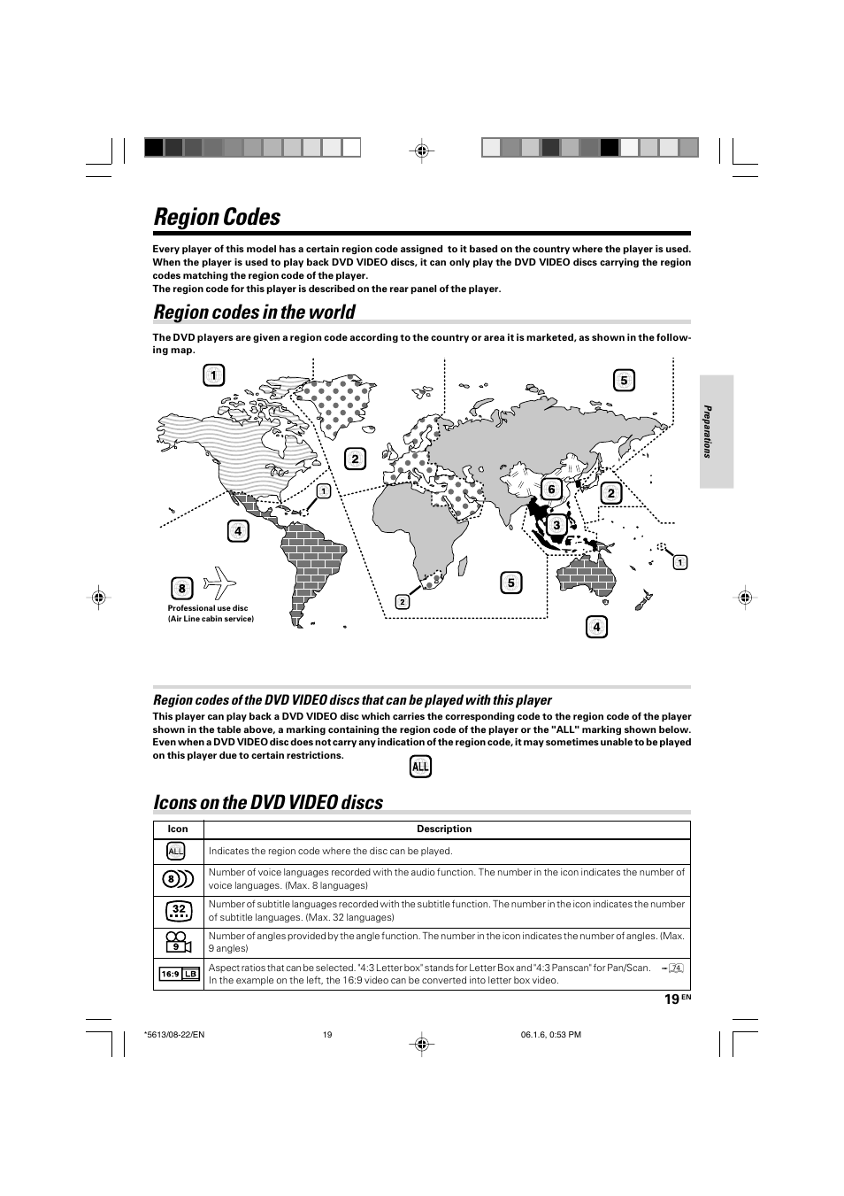 Region codes, Region codes in the world, Icons on the dvd video discs | Kenwood AX-7 User Manual | Page 19 / 88