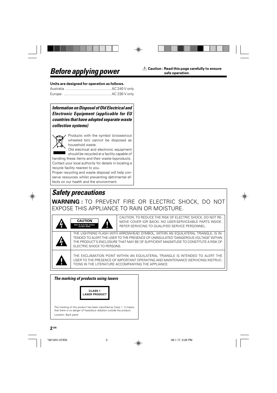 Before applying power, Safety precautions | Kenwood AX-7 User Manual | Page 2 / 88