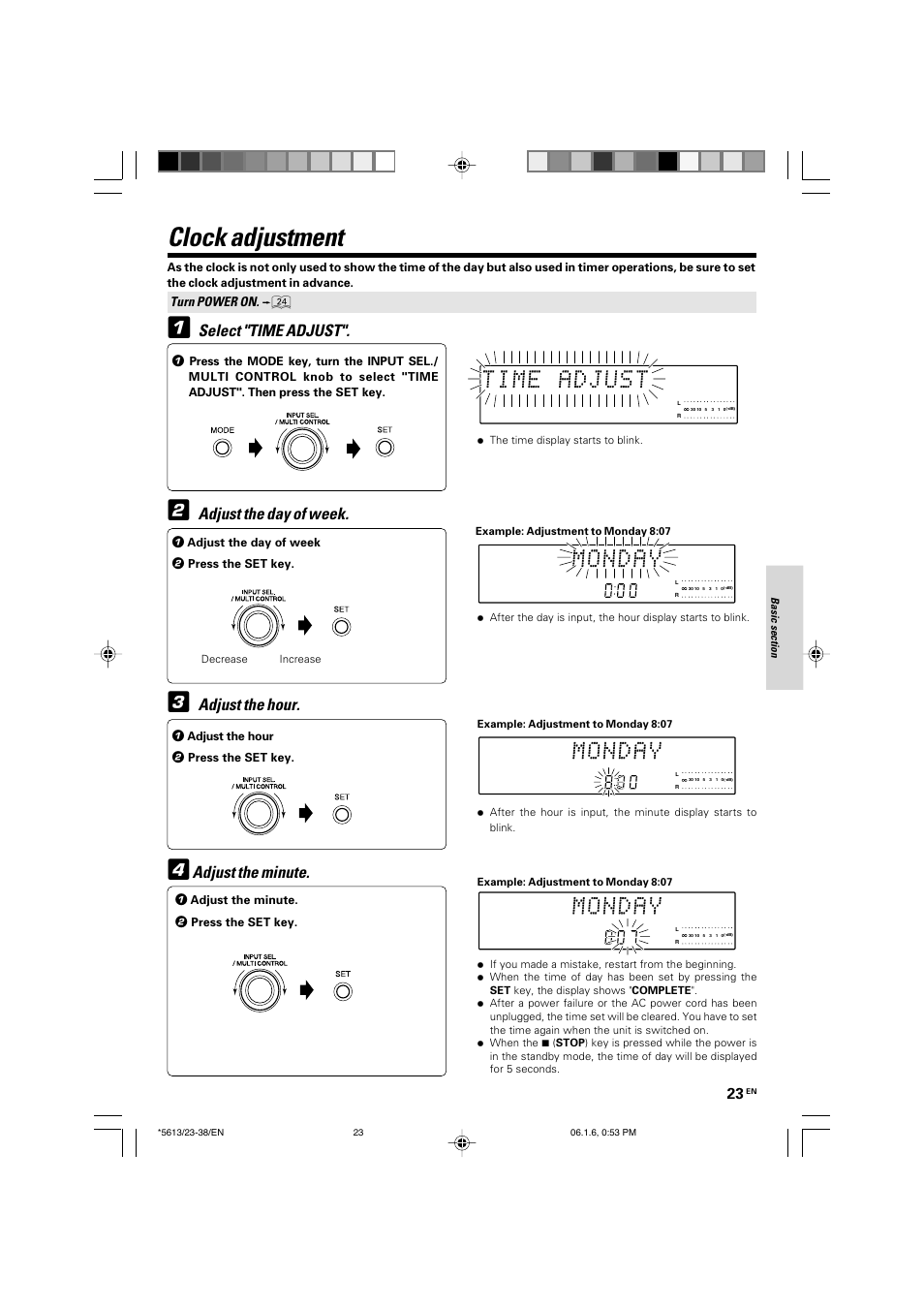Clock adjustment, Adjust the day of week, Select "time adjust | Adjust the hour, Adjust the minute | Kenwood AX-7 User Manual | Page 23 / 88