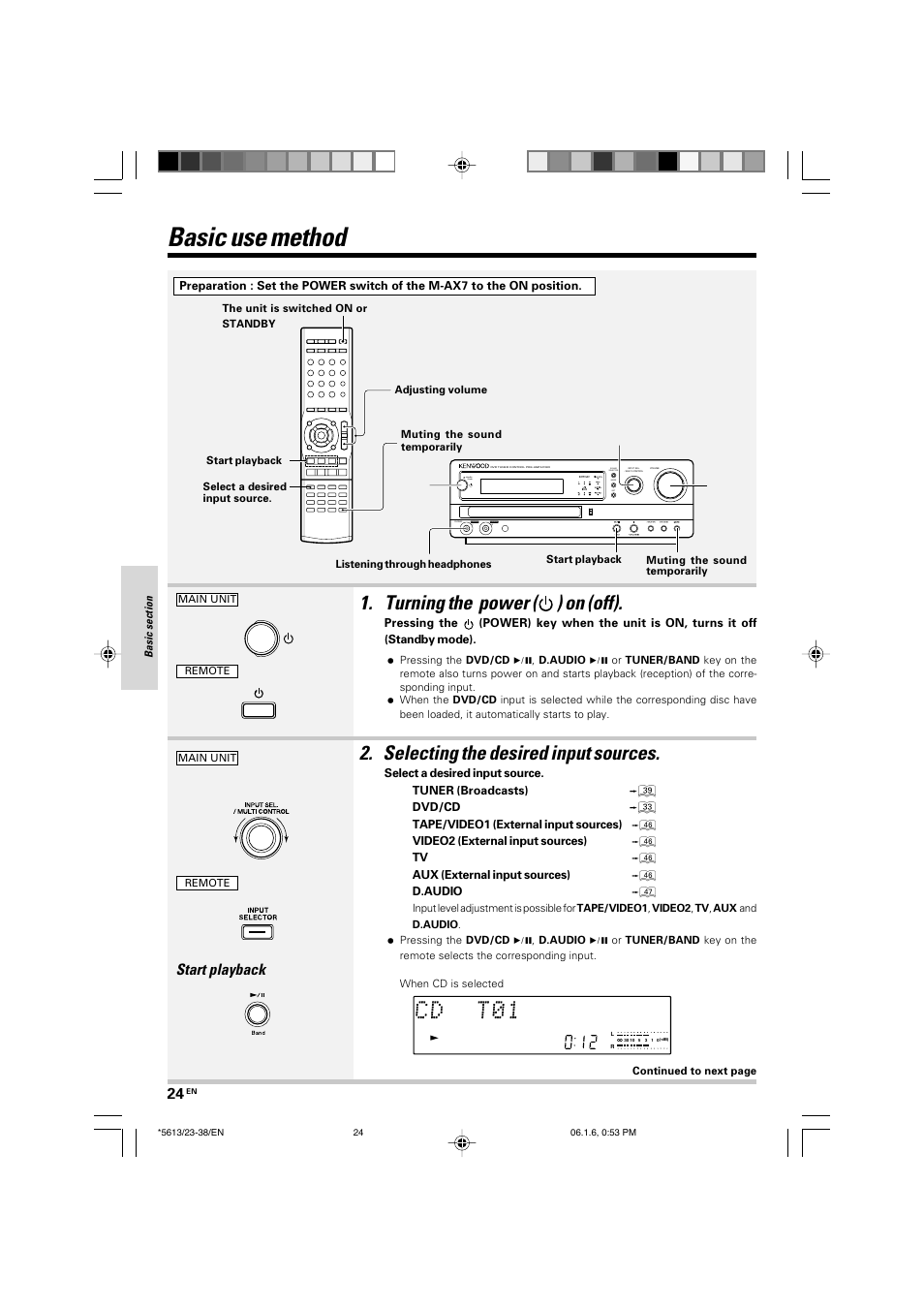 Basic use method, Turning the power ( ) on (off), 2. 3. 2. selecting the desired input sources | Start playback | Kenwood AX-7 User Manual | Page 24 / 88