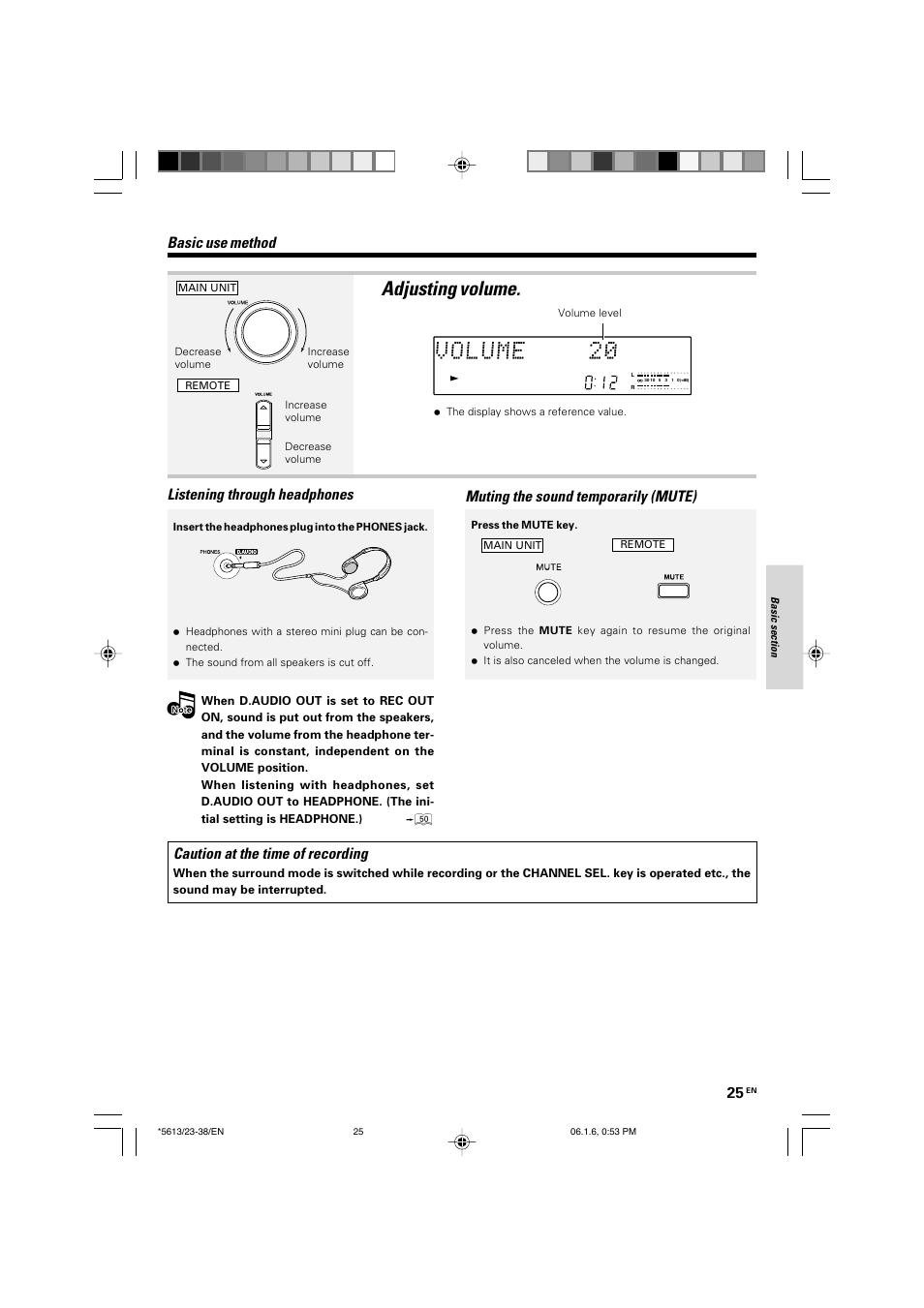 Adjusting volume, Listening through headphones, Basic use method | Muting the sound temporarily (mute), Caution at the time of recording | Kenwood AX-7 User Manual | Page 25 / 88