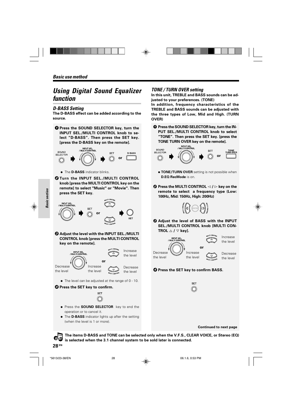 Using digital sound equalizer function, Basic use method tone / turn over setting, D-bass setting | Kenwood AX-7 User Manual | Page 28 / 88