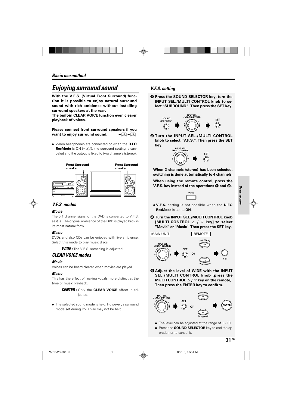 Enjoying surround sound, V.f.s. modes, Clear voice modes | V.f.s. setting, Basic use method | Kenwood AX-7 User Manual | Page 31 / 88