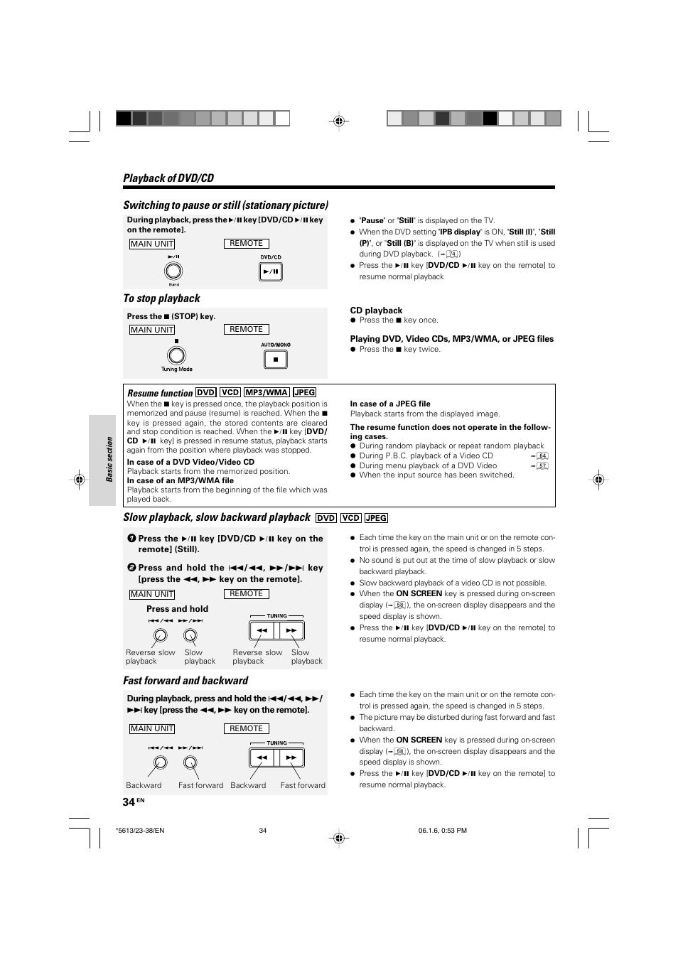 Slow playback, slow backward playback, Fast forward and backward | Kenwood AX-7 User Manual | Page 34 / 88