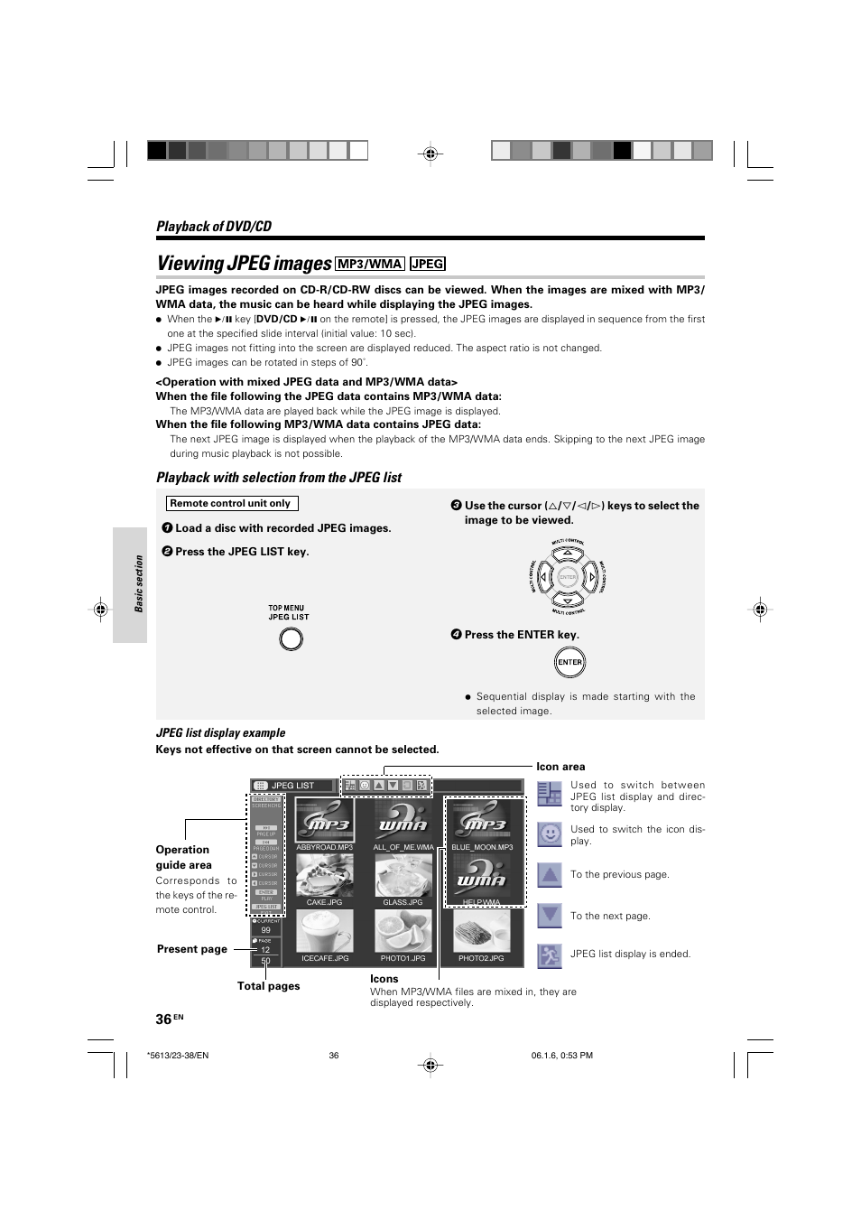 Viewing jpeg images, Playback of dvd/cd, Playback with selection from the jpeg list | Kenwood AX-7 User Manual | Page 36 / 88