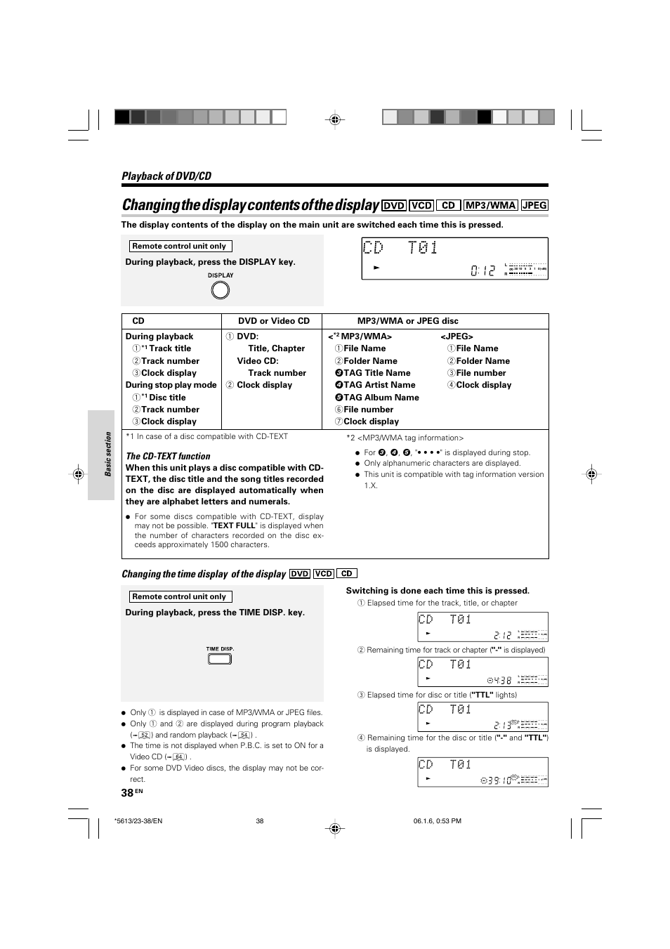 Changing the display contents of the display, Playback of dvd/cd, Changing the time display of the display | Kenwood AX-7 User Manual | Page 38 / 88