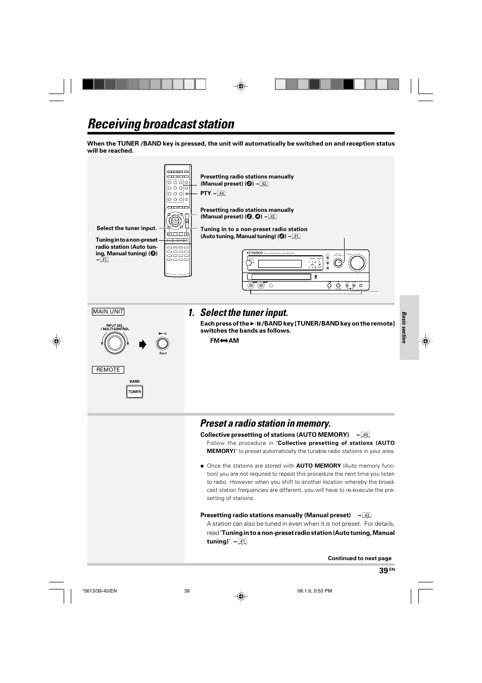 Receiving broadcast station, Select the tuner input | Kenwood AX-7 User Manual | Page 39 / 88