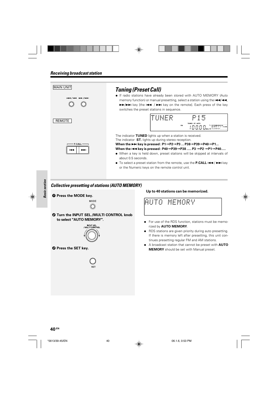 Tuning (preset call), Receiving broadcast station | Kenwood AX-7 User Manual | Page 40 / 88