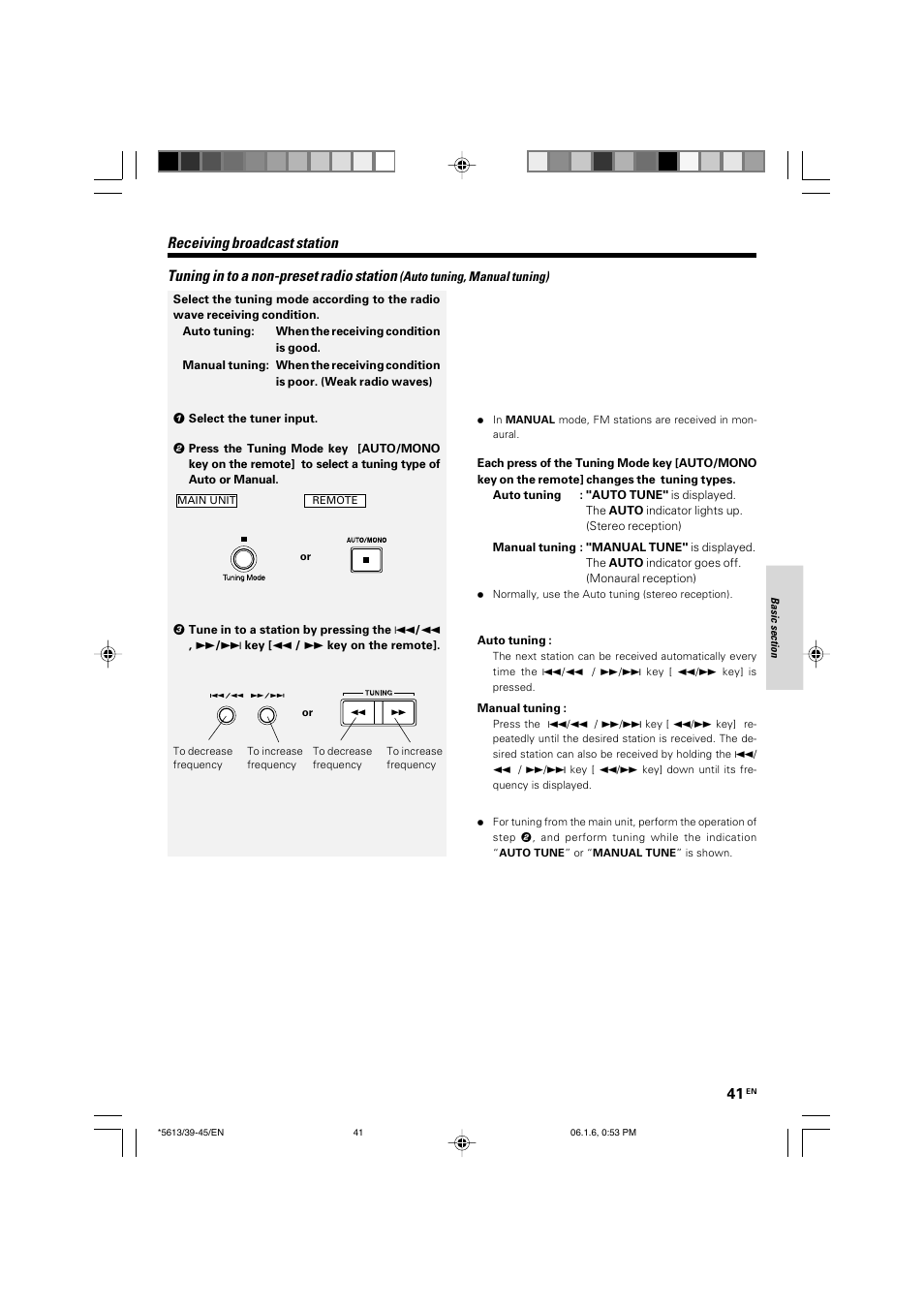 Tuning in to a non-preset radio station, Receiving broadcast station | Kenwood AX-7 User Manual | Page 41 / 88