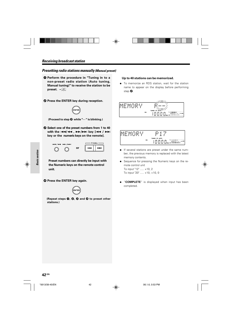 Presetting radio stations manually, Receiving broadcast station, Manual preset) | Kenwood AX-7 User Manual | Page 42 / 88