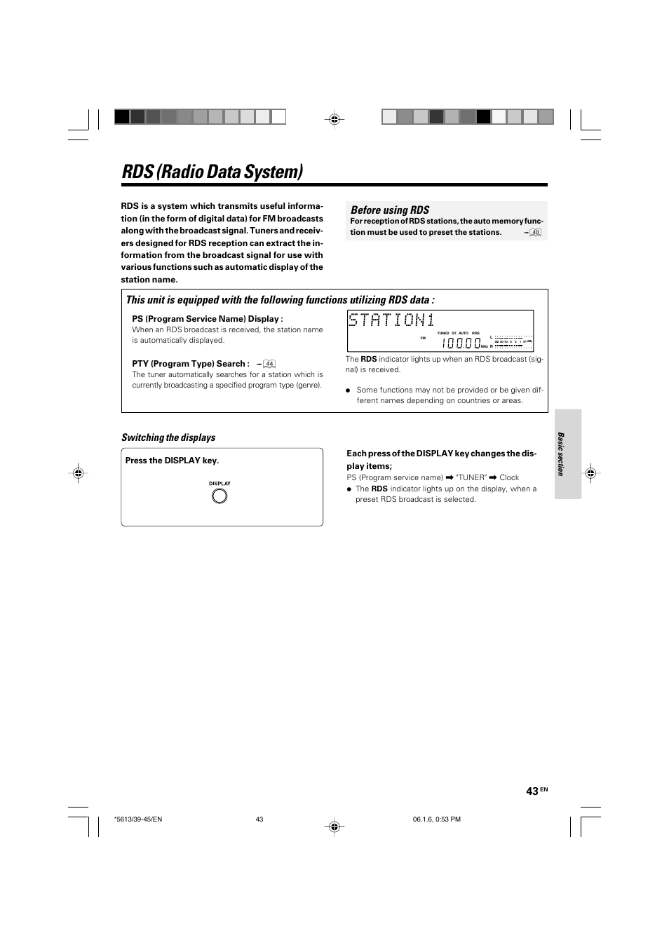 Rds (radio data system), Before using rds, Switching the displays | Kenwood AX-7 User Manual | Page 43 / 88