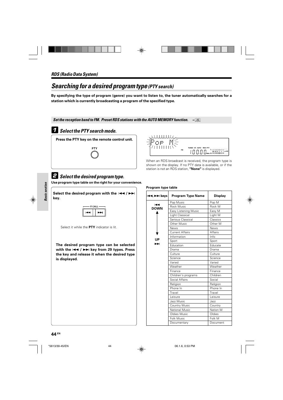 Searching for a desired program type, Pty search), Rds (radio data system) | Kenwood AX-7 User Manual | Page 44 / 88