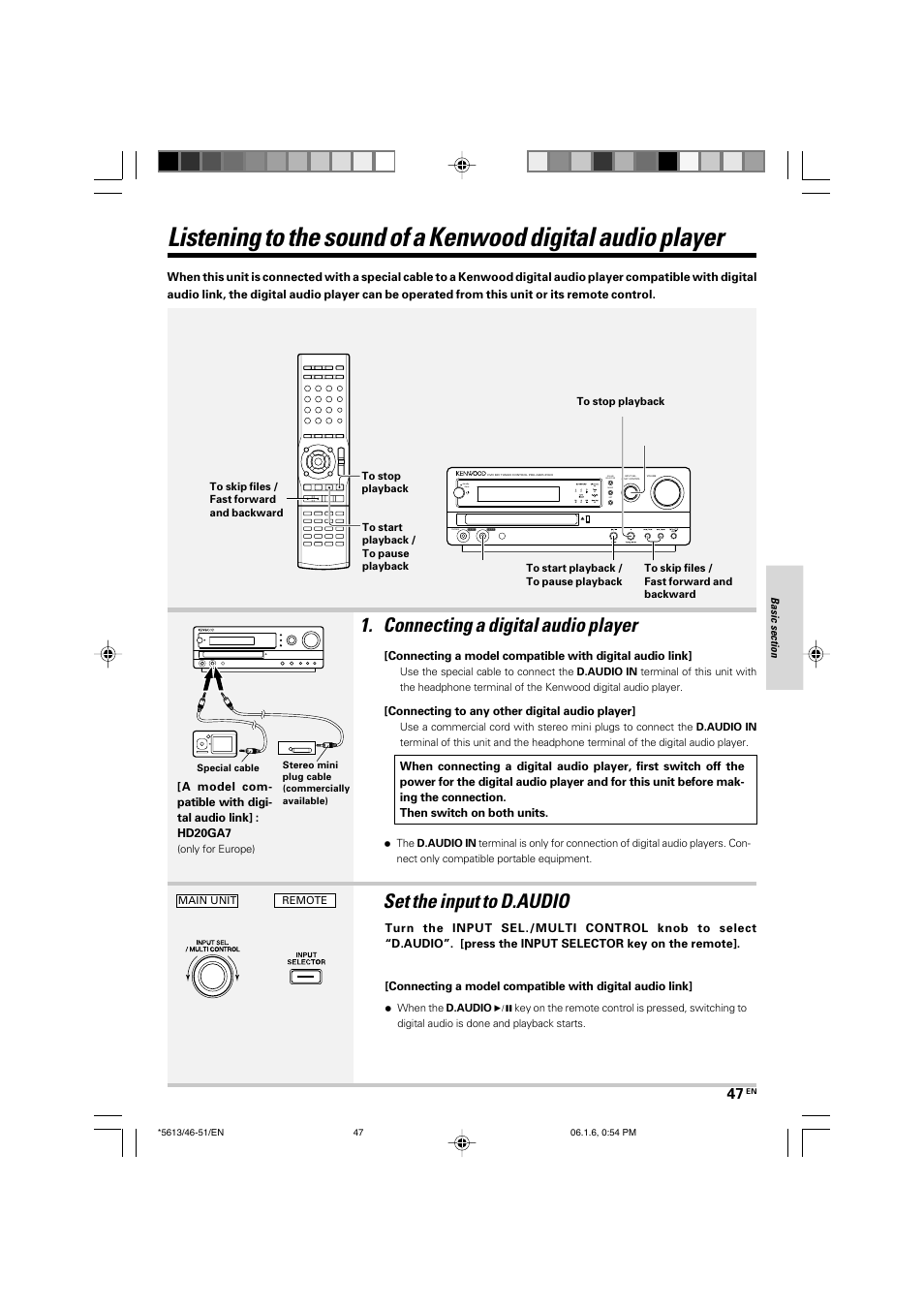 Connecting a digital audio player, Set the input to d.audio | Kenwood AX-7 User Manual | Page 47 / 88