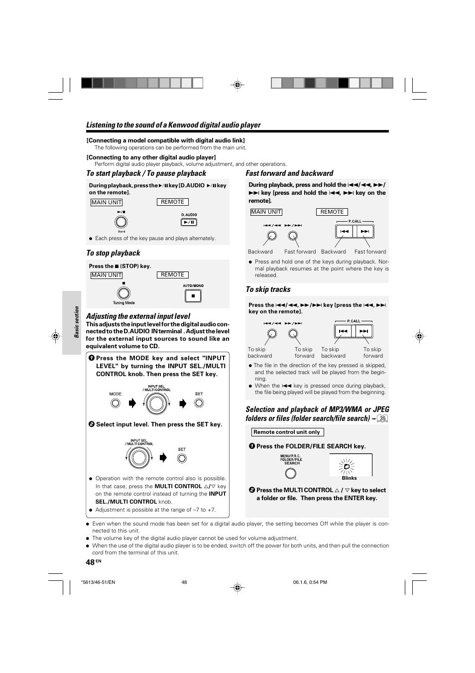 Adjusting the external input level, Fast forward and backward | Kenwood AX-7 User Manual | Page 48 / 88