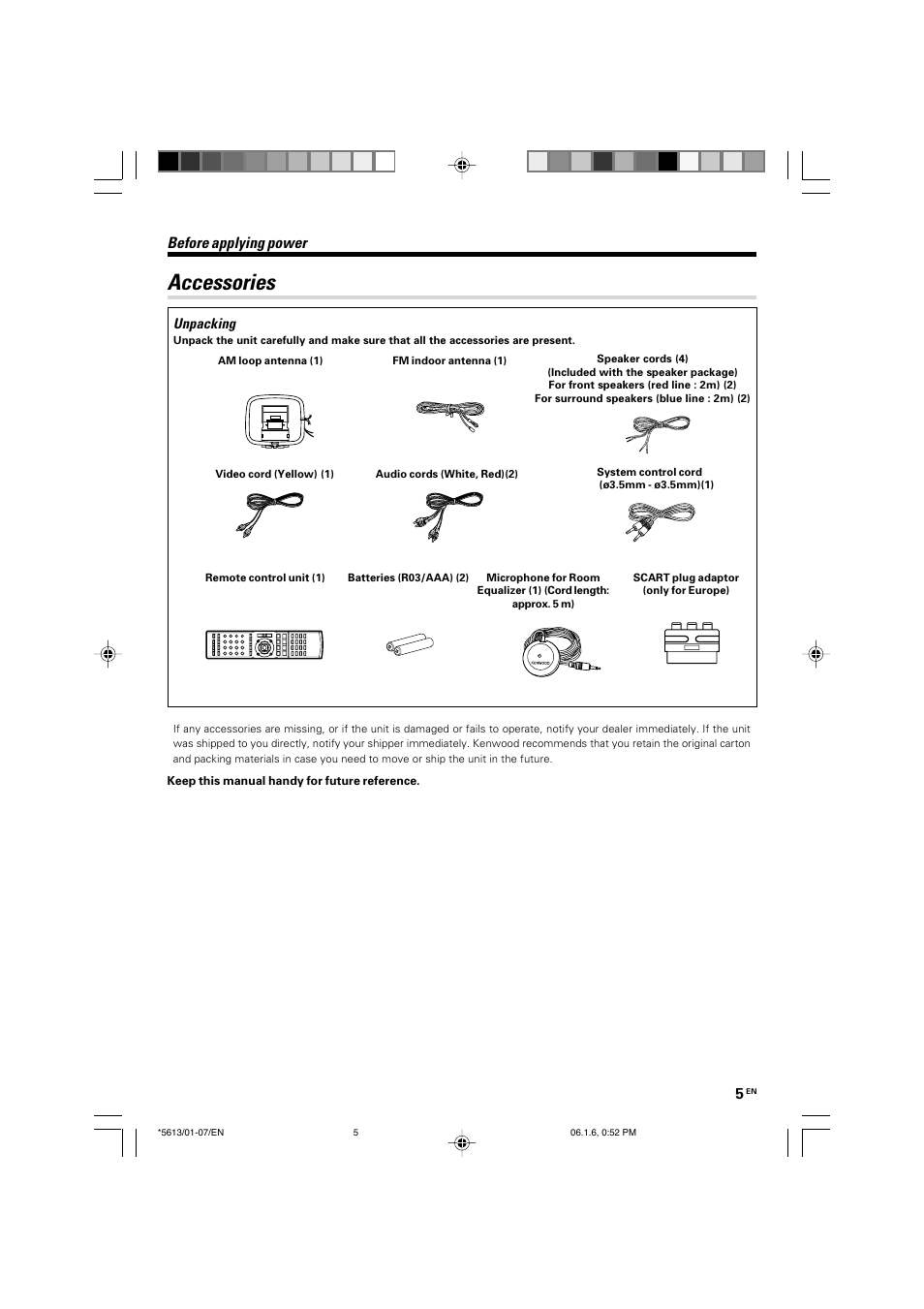 Accessories, Before applying power, Unpacking | Kenwood AX-7 User Manual | Page 5 / 88