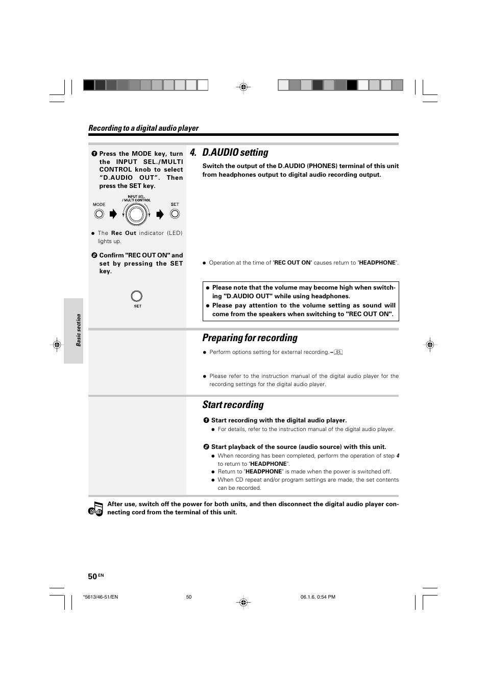 D.audio setting, Preparing for recording, Start recording | Recording to a digital audio player | Kenwood AX-7 User Manual | Page 50 / 88