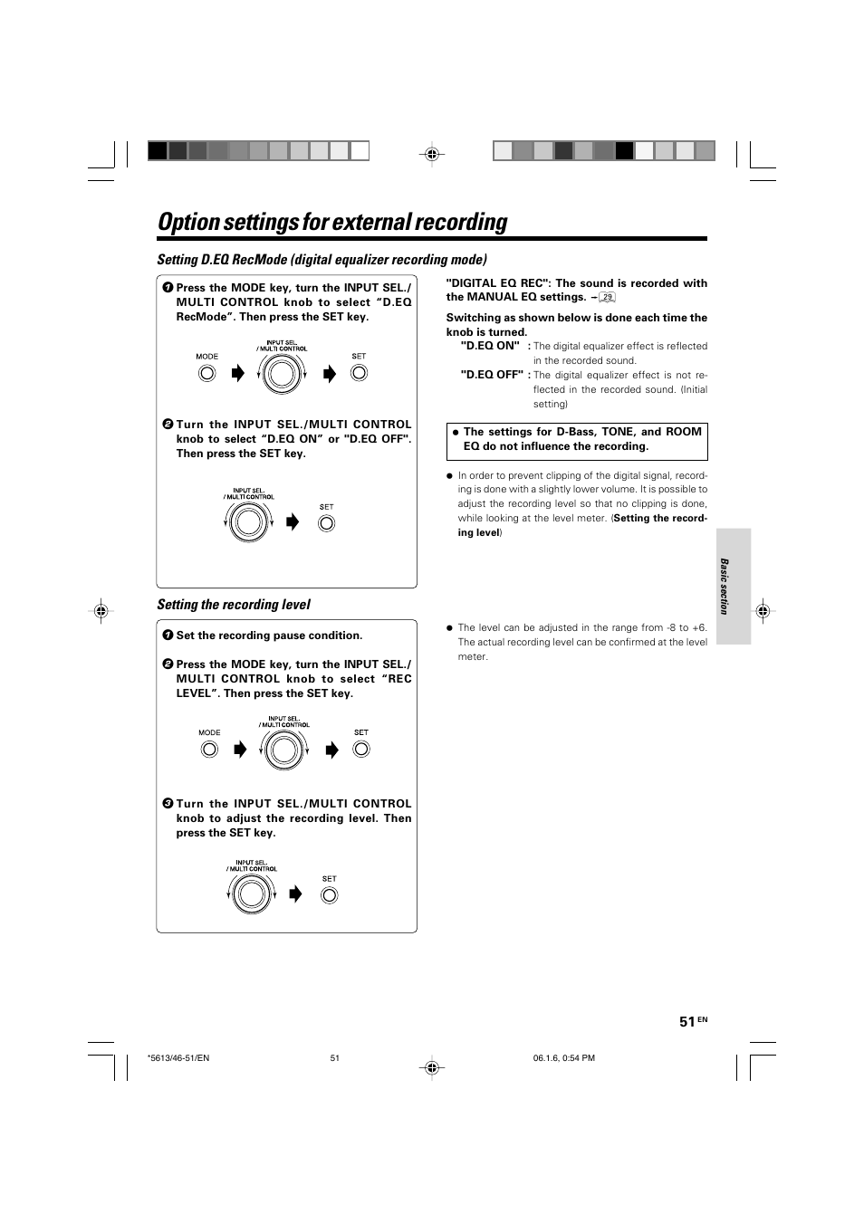 Option settings for external recording, Setting the recording level | Kenwood AX-7 User Manual | Page 51 / 88