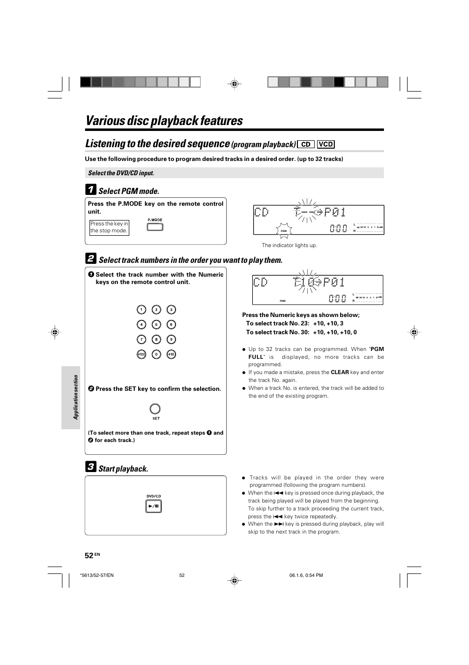 Various disc playback features, Listening to the desired sequence, Select pgm mode | Start playback, Program playback) | Kenwood AX-7 User Manual | Page 52 / 88