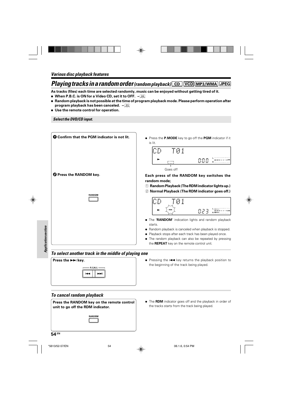Playing tracks in a random order, Random playback), Various disc playback features | Kenwood AX-7 User Manual | Page 54 / 88