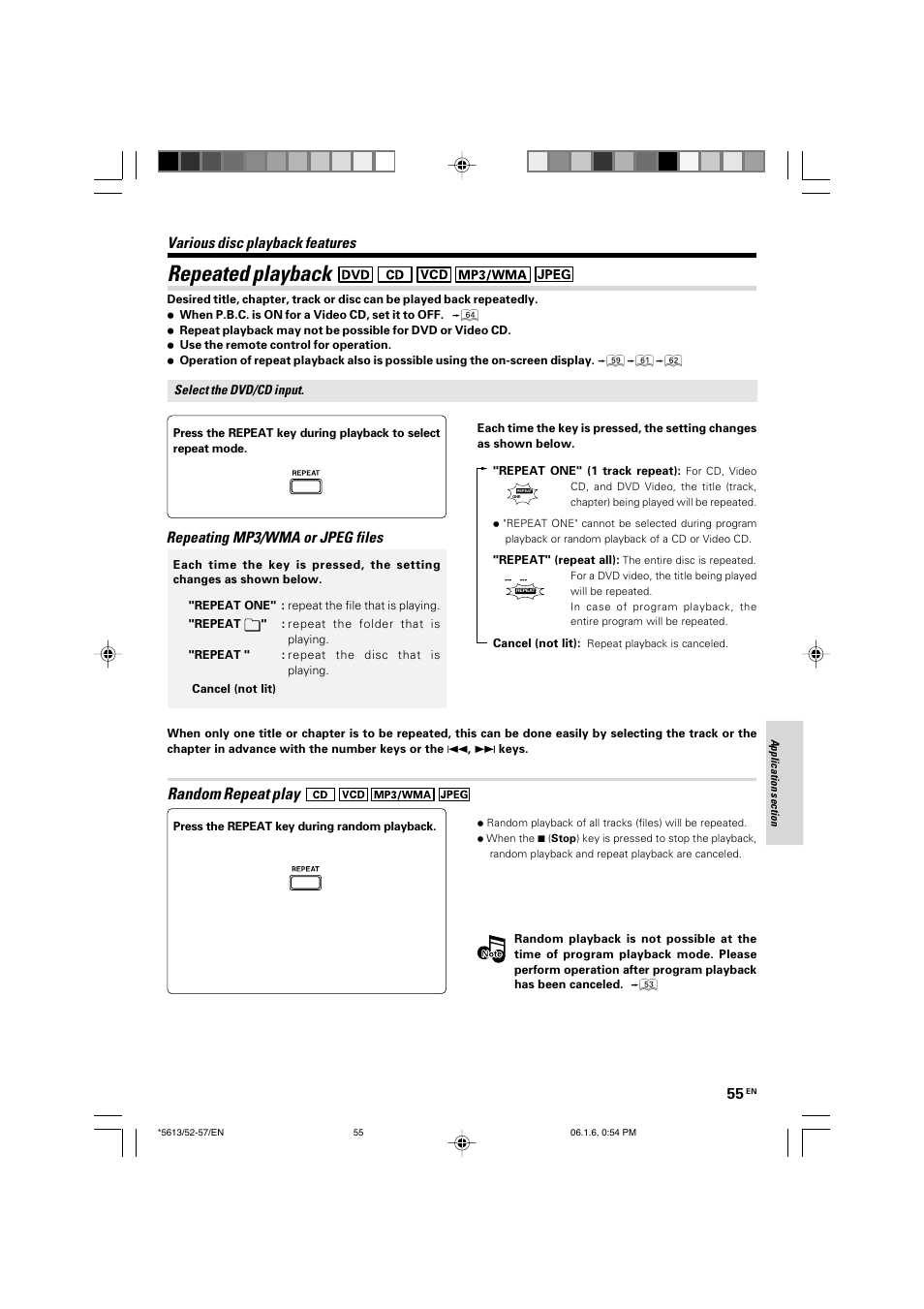 Repeated playback, Random repeat play, Various disc playback features | Repeating mp3/wma or jpeg files | Kenwood AX-7 User Manual | Page 55 / 88