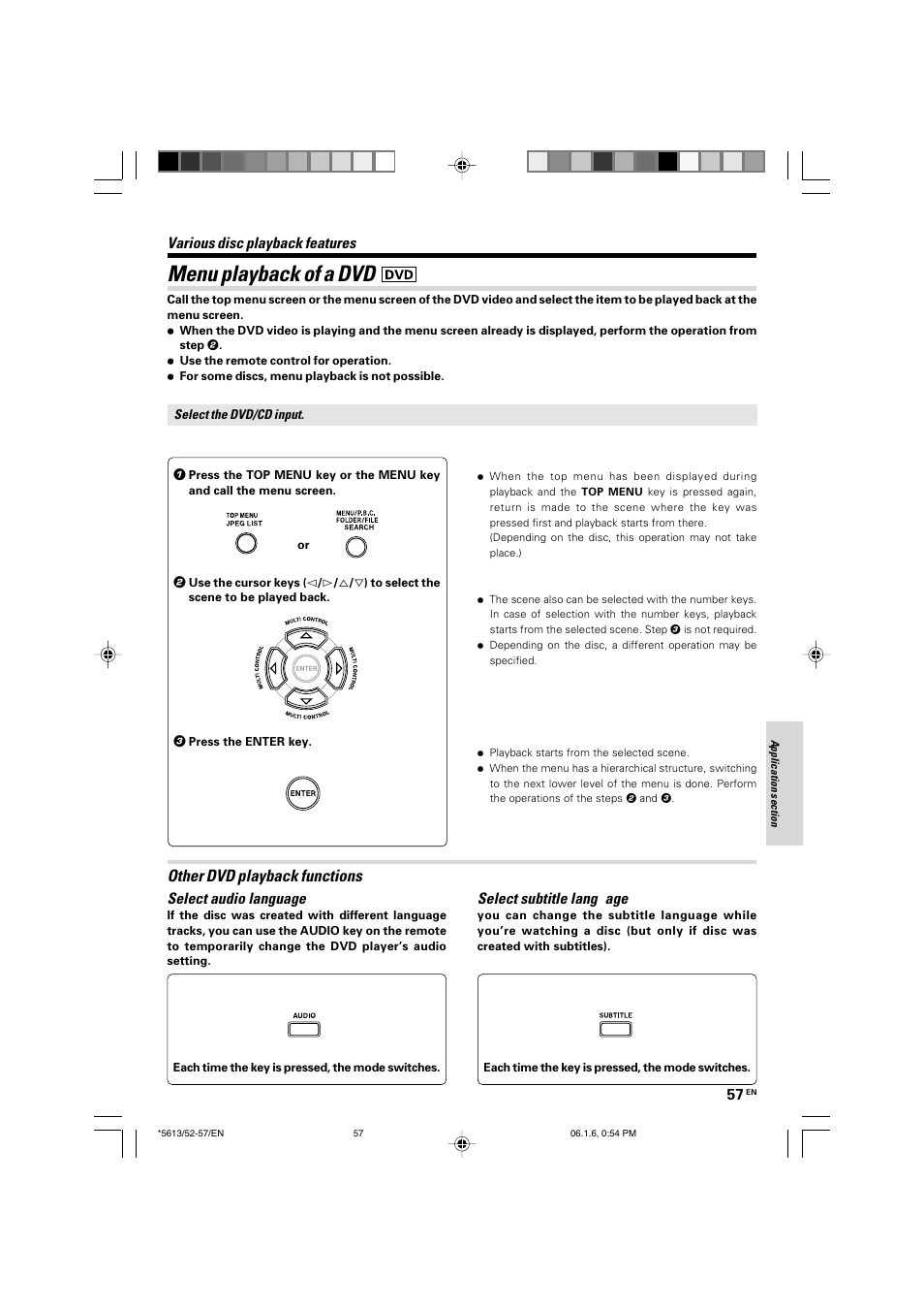 Menu playback of a dvd, Other dvd playback functions, Various disc playback features | Select audio language, Select subtitle lang uage | Kenwood AX-7 User Manual | Page 57 / 88