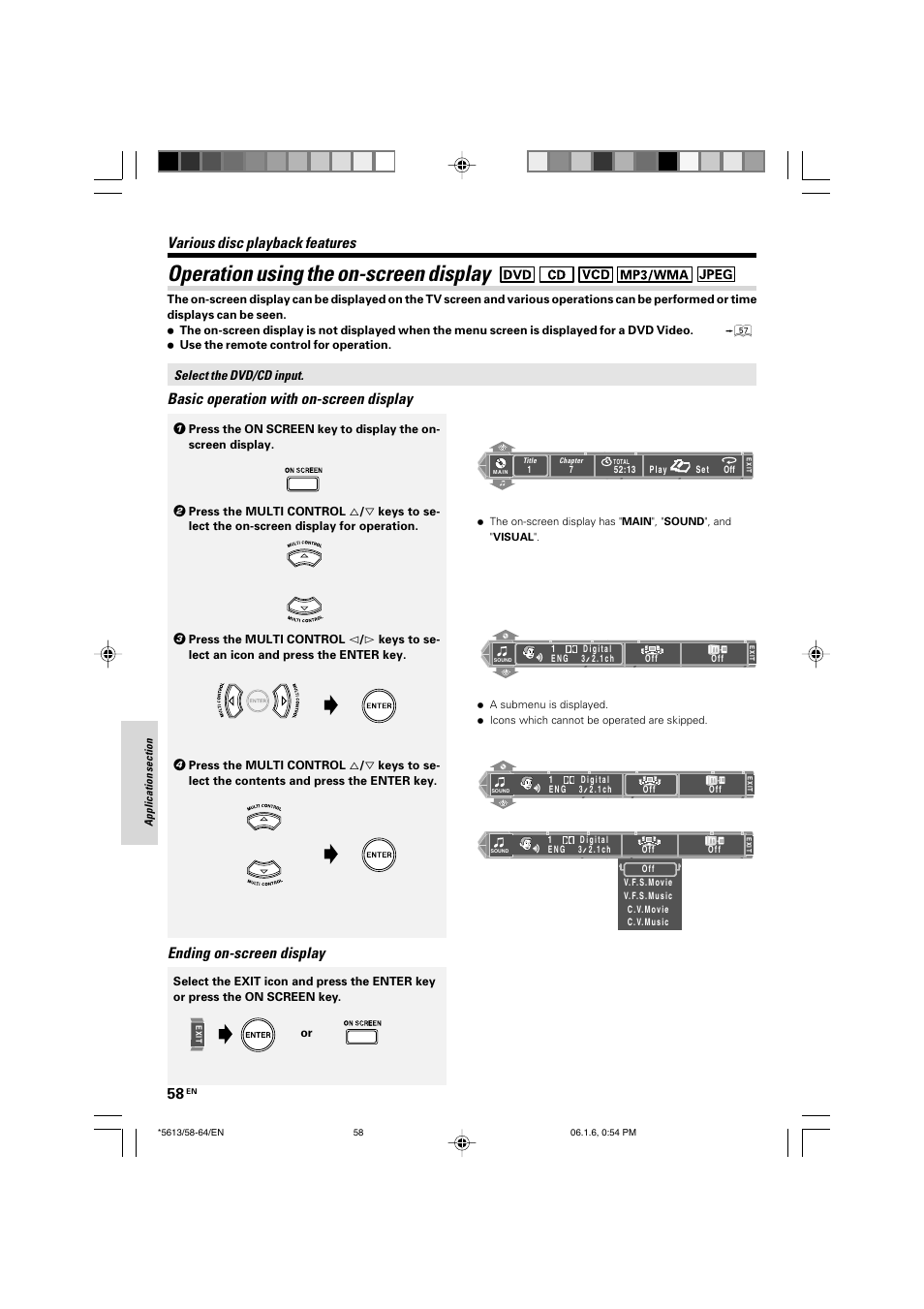 Operation using the on-screen display, Various disc playback features, Basic operation with on-screen display | Ending on-screen display | Kenwood AX-7 User Manual | Page 58 / 88