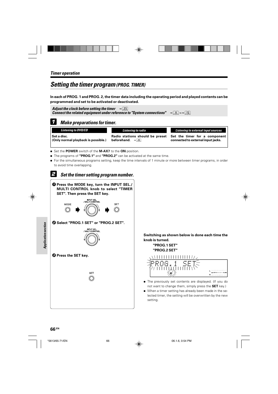 Setting the timer program, Prog. timer), Make preparations for timer | Set the timer setting program number, Timer operation | Kenwood AX-7 User Manual | Page 66 / 88