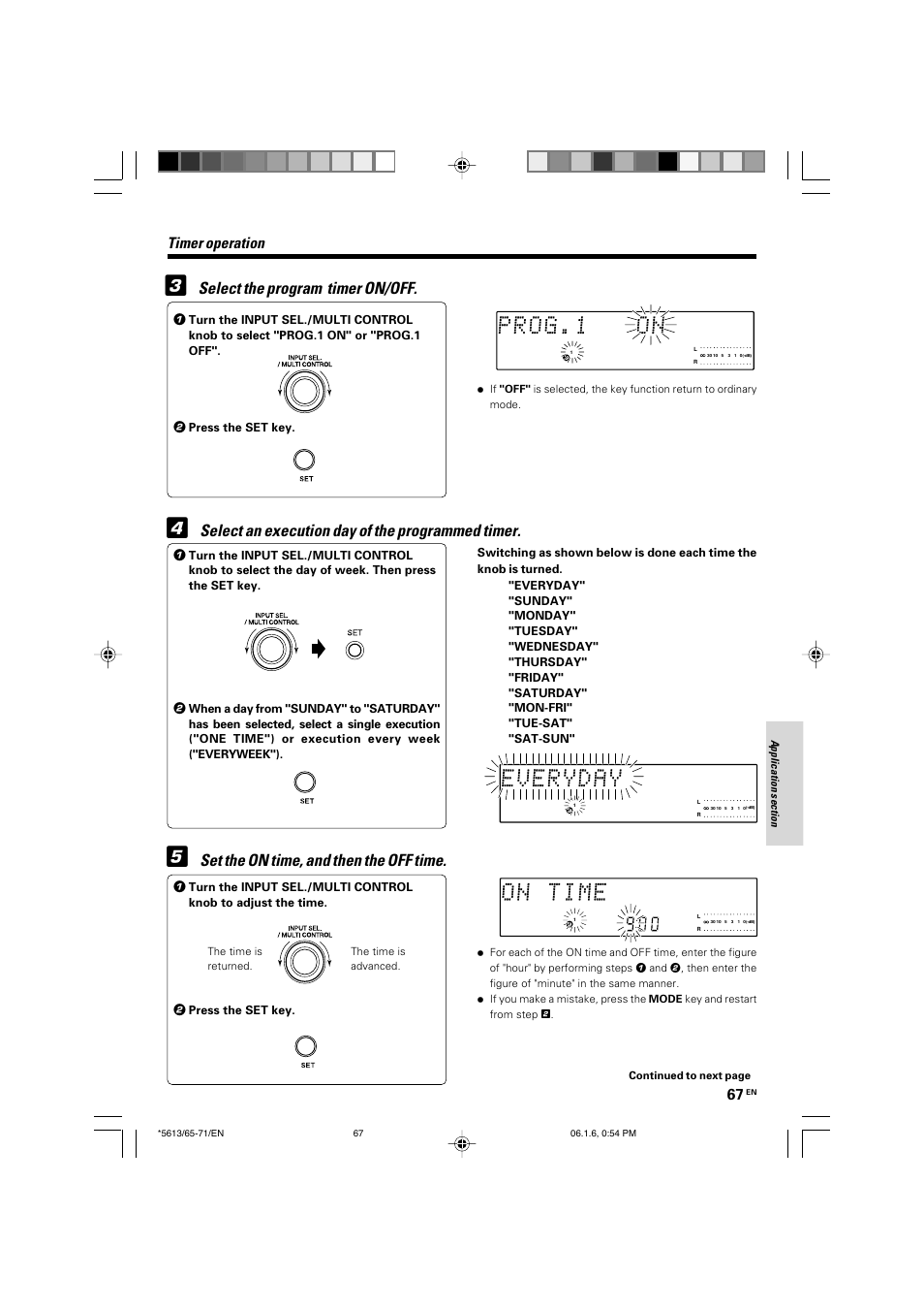 Select the program timer on/off, Select an execution day of the programmed timer, Set the on time, and then the off time | Timer operation | Kenwood AX-7 User Manual | Page 67 / 88