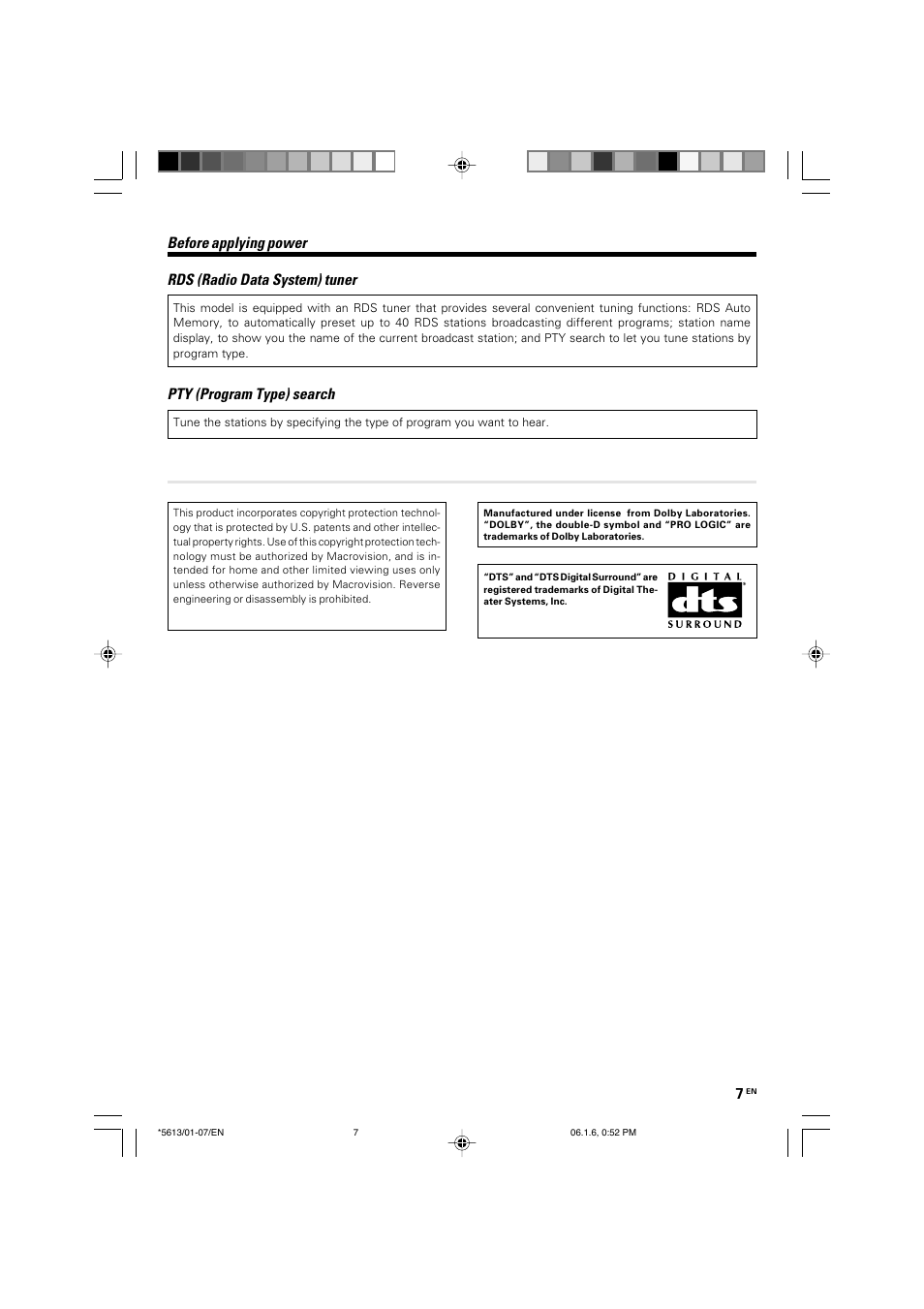 Before applying power, Rds (radio data system) tuner, Pty (program type) search | Kenwood AX-7 User Manual | Page 7 / 88