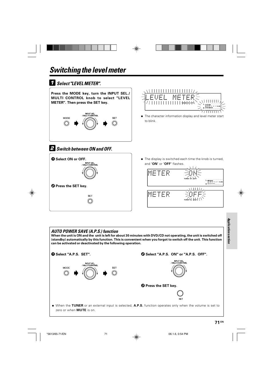 Switching the level meter 1, Select "level meter, Switch between on and off | Auto power save (a.p.s.) function | Kenwood AX-7 User Manual | Page 71 / 88