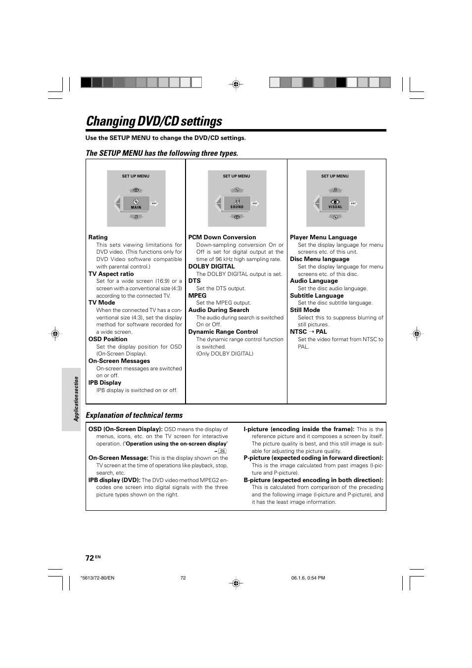 Changing dvd/cd settings, The setup menu has the following three types, Explanation of technical terms | Kenwood AX-7 User Manual | Page 72 / 88