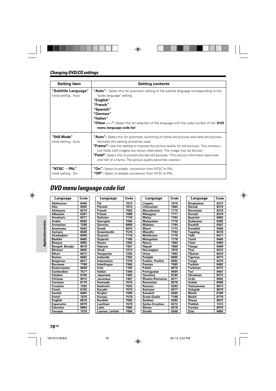 Dvd menu language code list, Changing dvd/cd settings | Kenwood AX-7 User Manual | Page 78 / 88