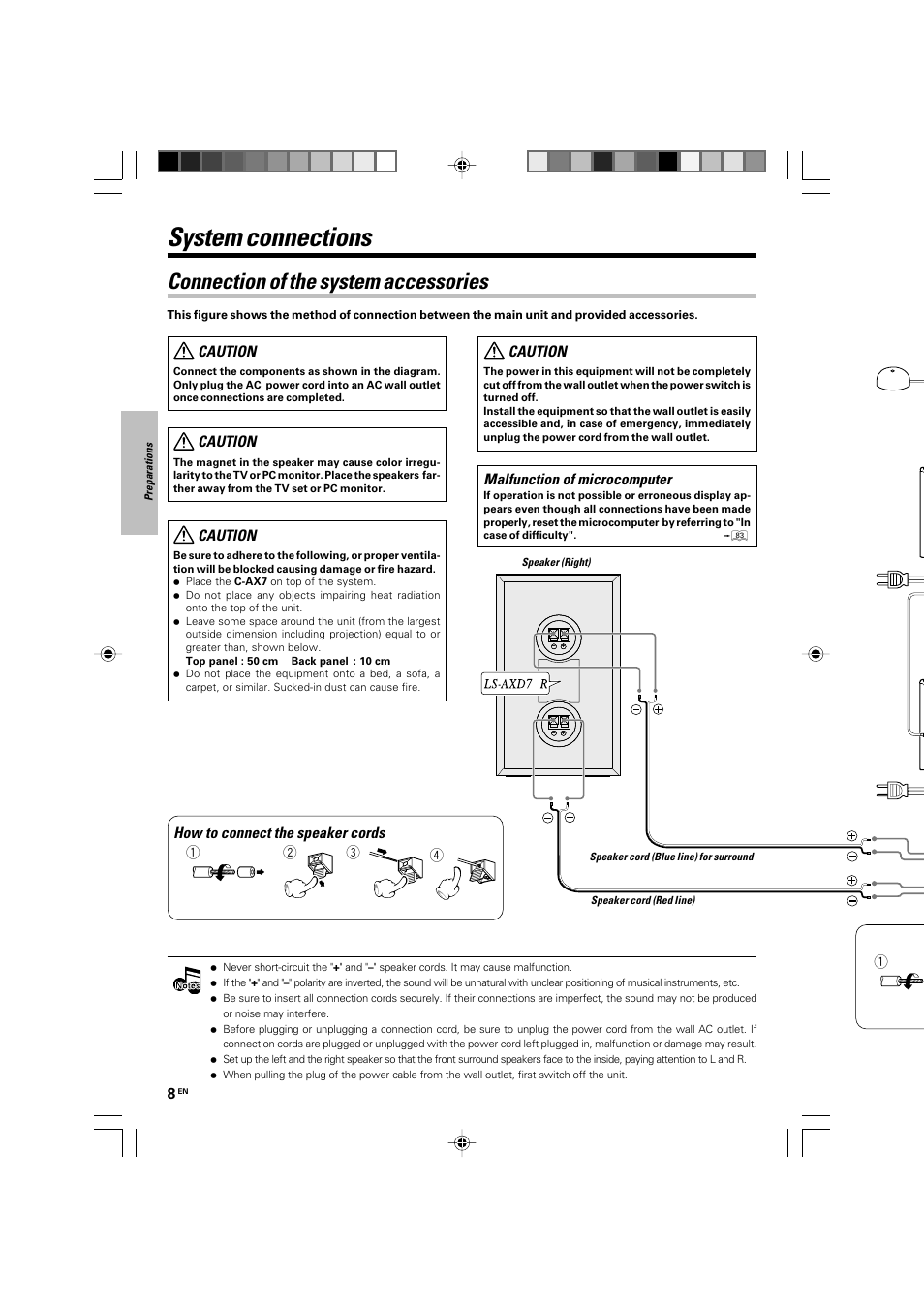 System connections, Connection of the system accessories, How to connect the speaker cords | Caution, Malfunction of microcomputer | Kenwood AX-7 User Manual | Page 8 / 88